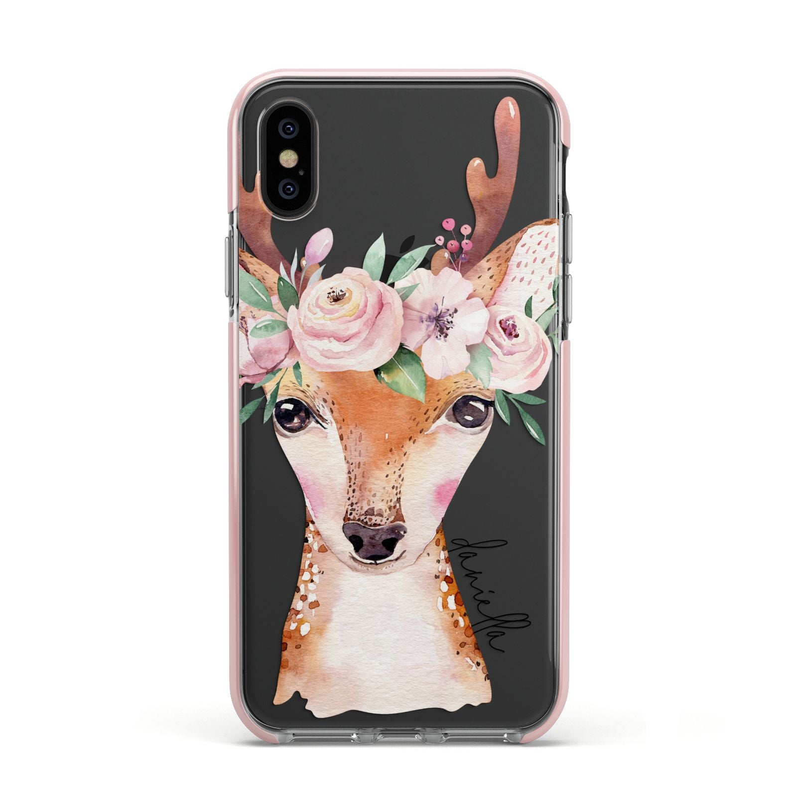 Personalised Deer Apple iPhone Xs Impact Case Pink Edge on Black Phone