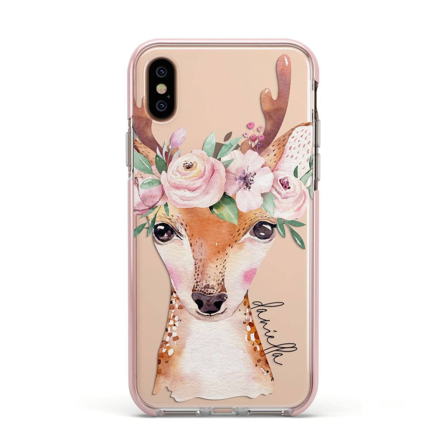 Personalised Deer Apple iPhone Xs Impact Case Pink Edge on Gold Phone