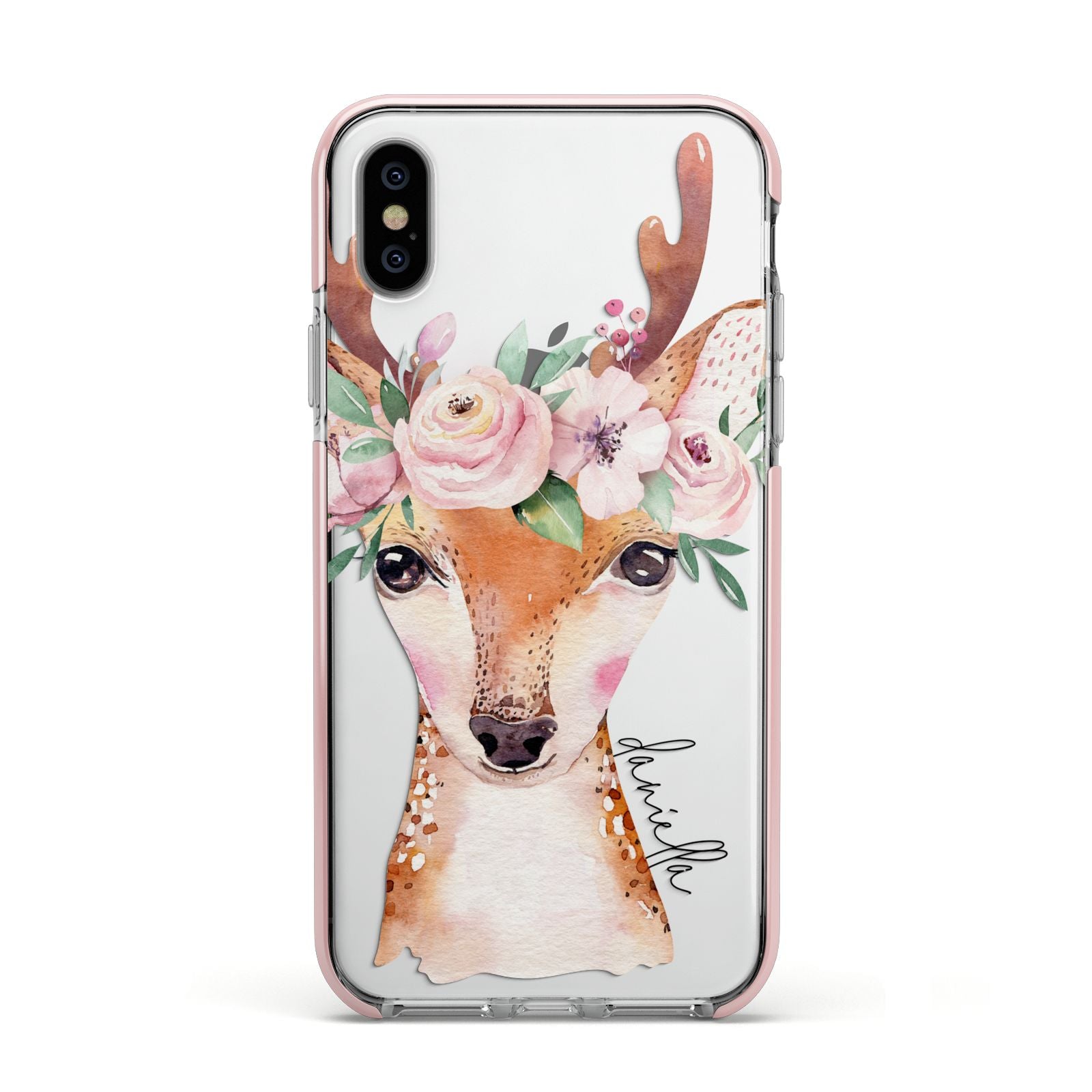 Personalised Deer Apple iPhone Xs Impact Case Pink Edge on Silver Phone