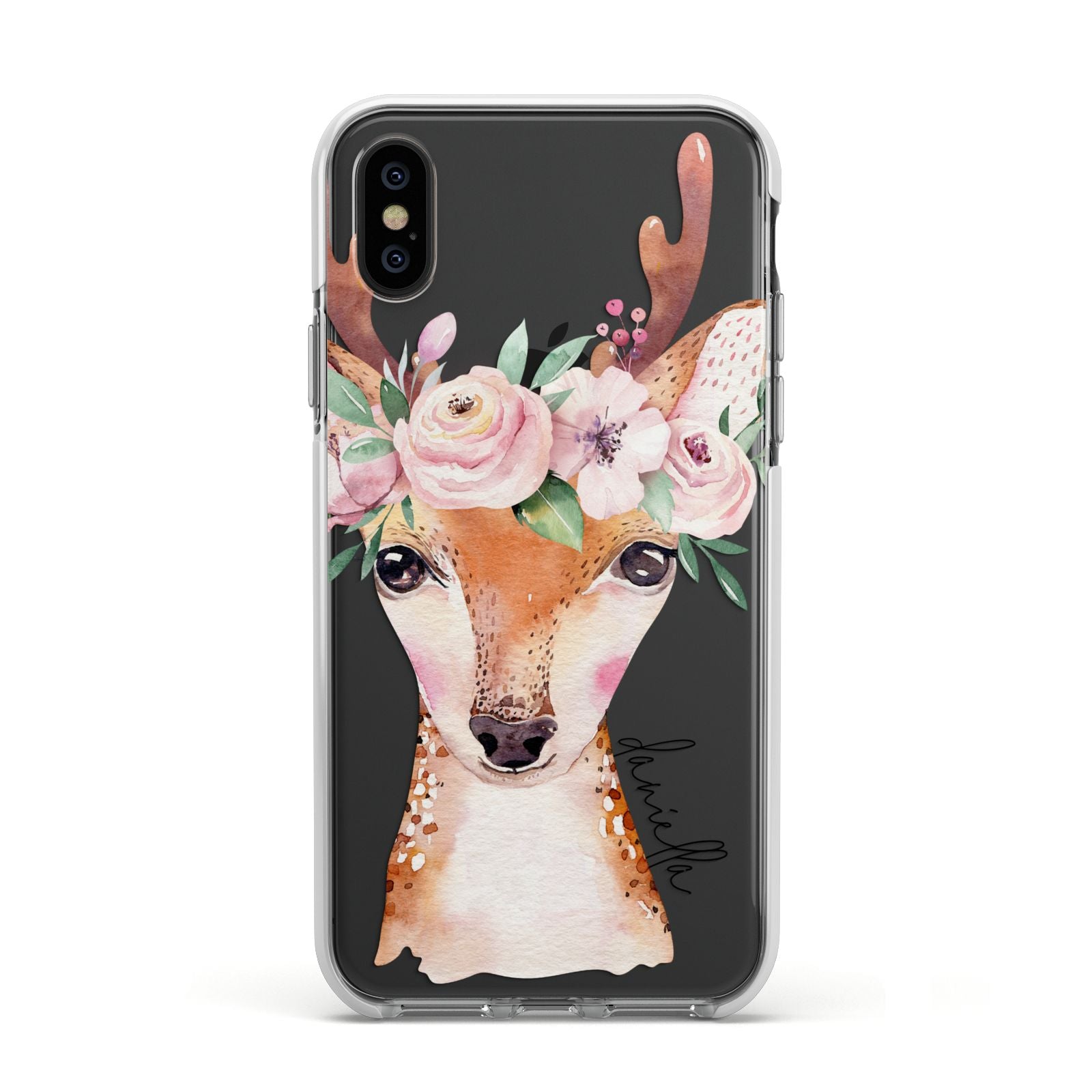 Personalised Deer Apple iPhone Xs Impact Case White Edge on Black Phone