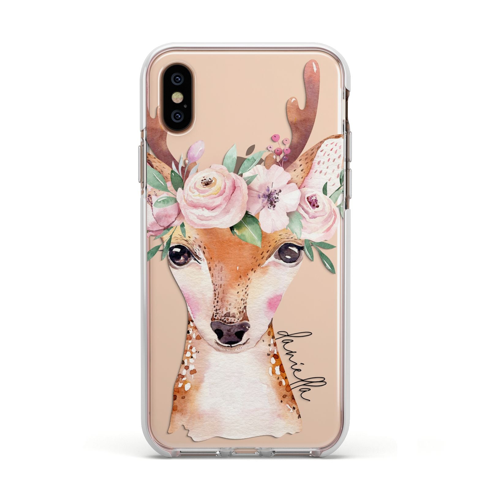 Personalised Deer Apple iPhone Xs Impact Case White Edge on Gold Phone