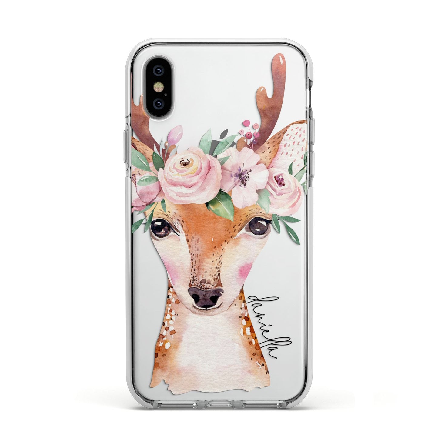 Personalised Deer Apple iPhone Xs Impact Case White Edge on Silver Phone