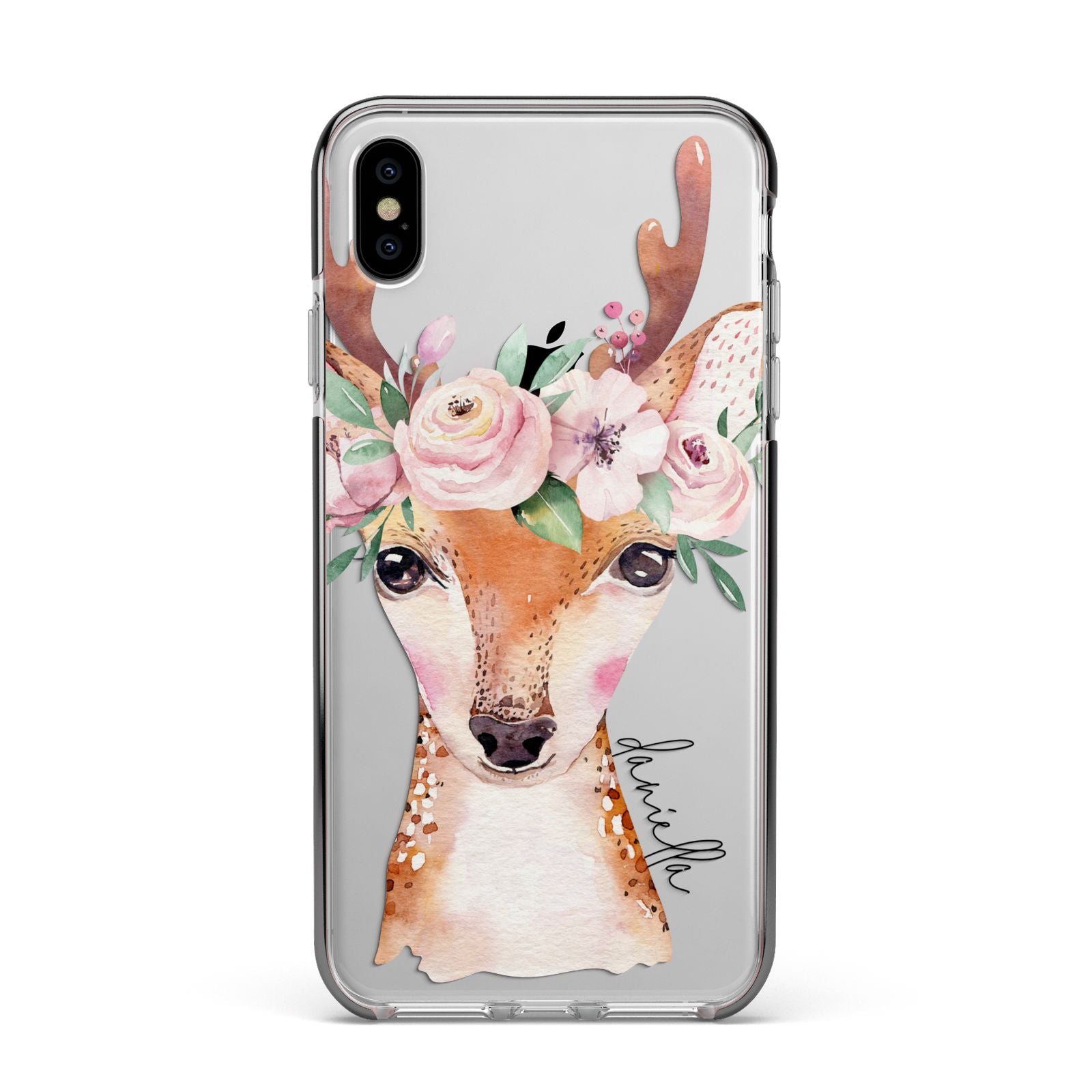 Personalised Deer Apple iPhone Xs Max Impact Case Black Edge on Silver Phone