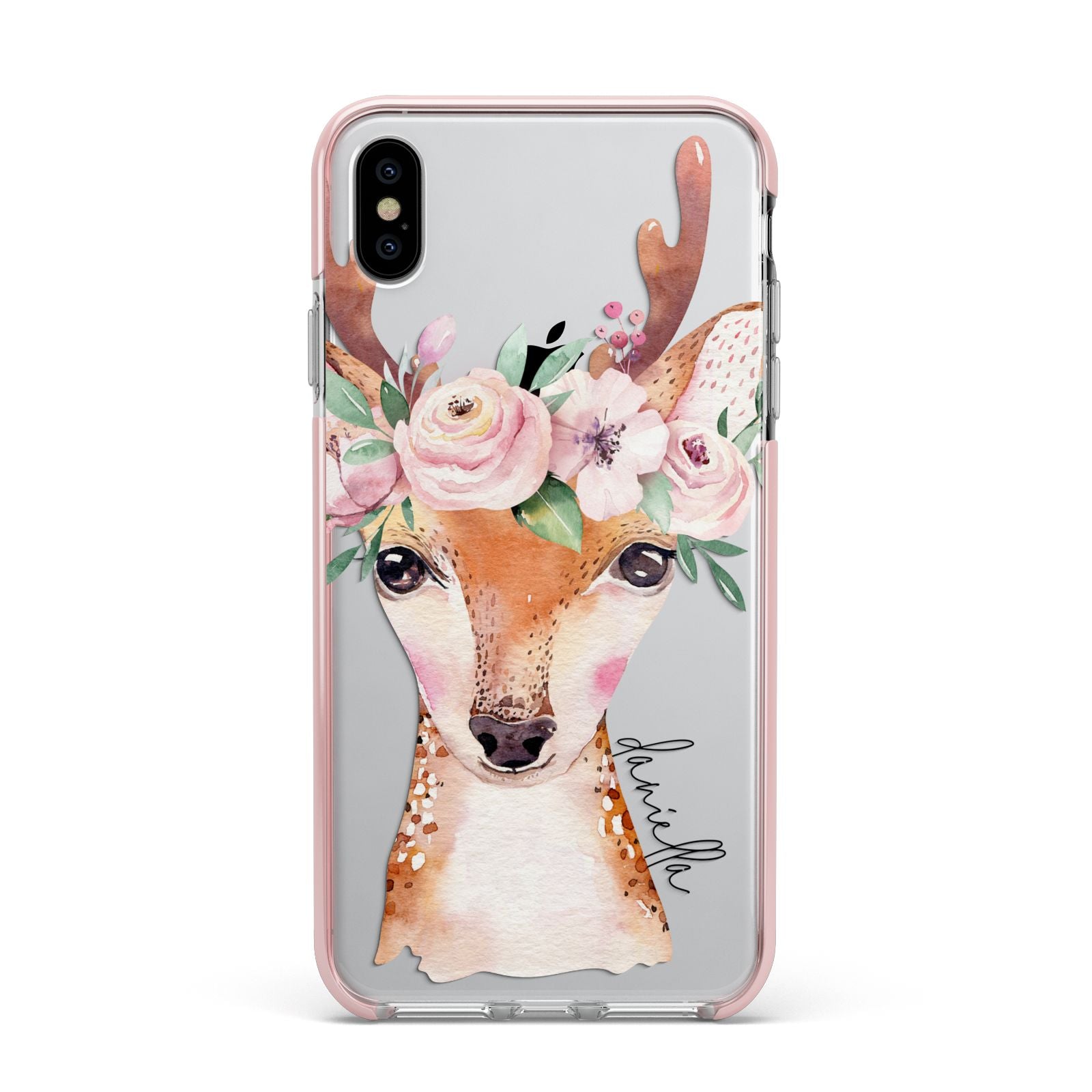 Personalised Deer Apple iPhone Xs Max Impact Case Pink Edge on Silver Phone