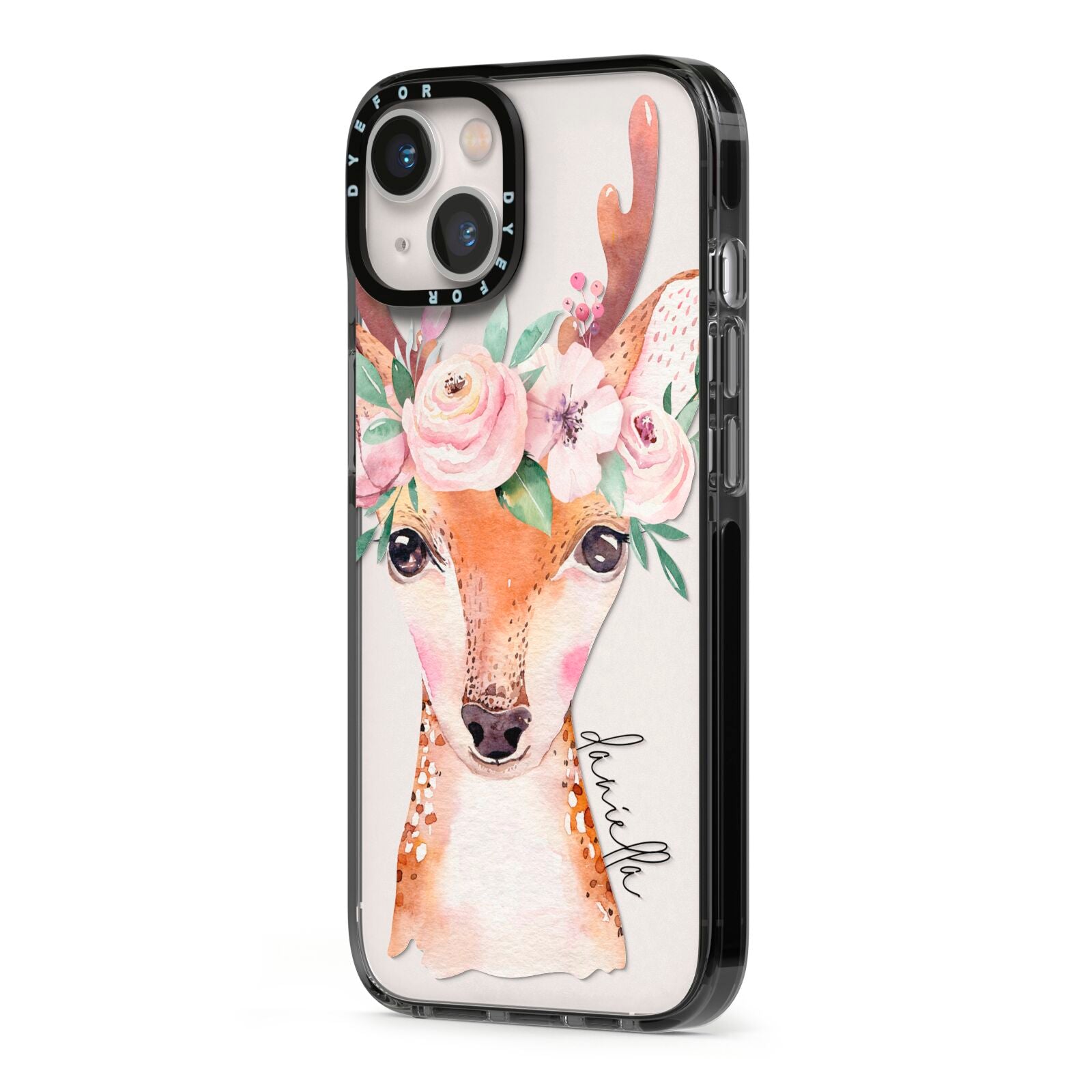 Personalised Deer iPhone 13 Black Impact Case Side Angle on Silver phone