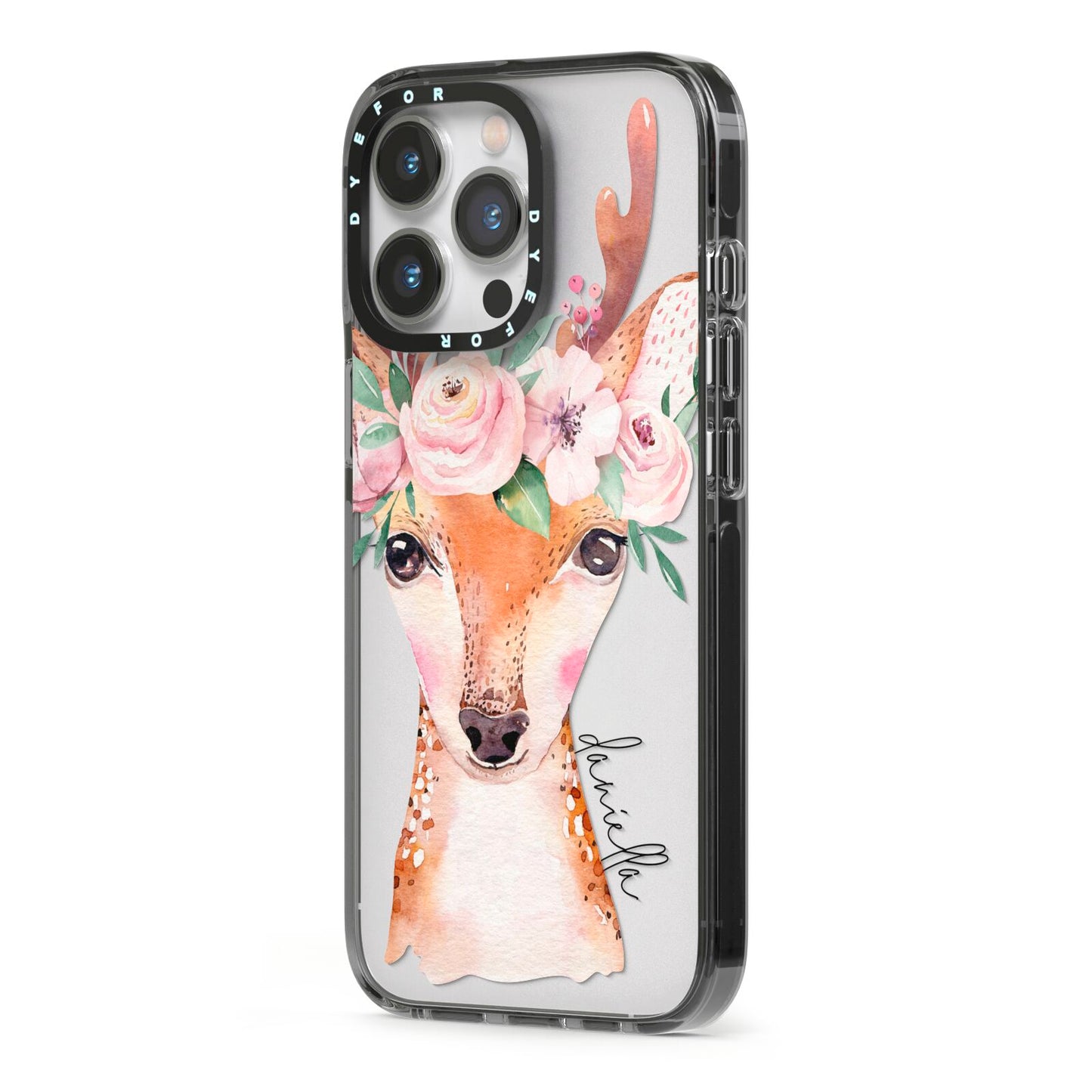 Personalised Deer iPhone 13 Pro Black Impact Case Side Angle on Silver phone