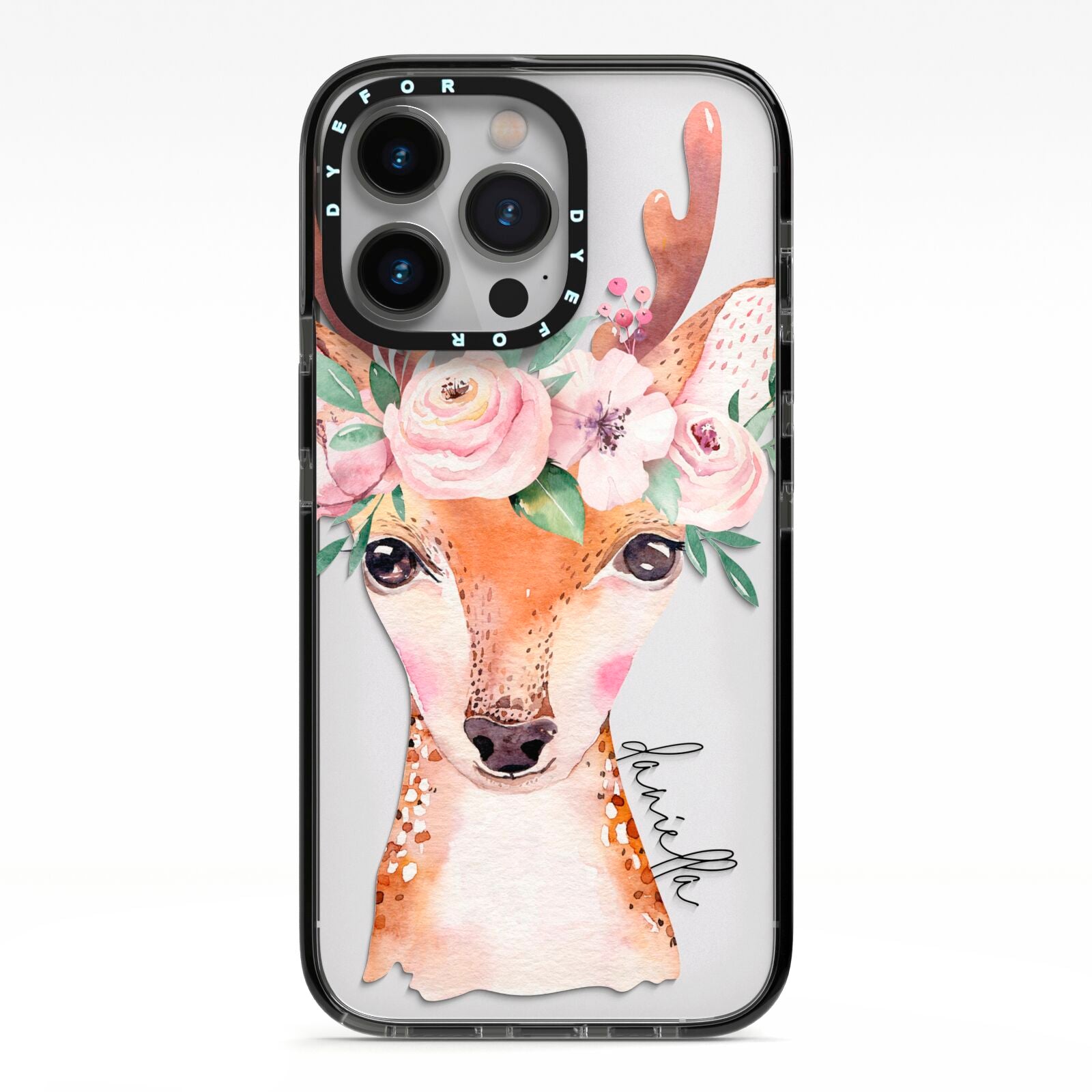 Personalised Deer iPhone 13 Pro Black Impact Case on Silver phone