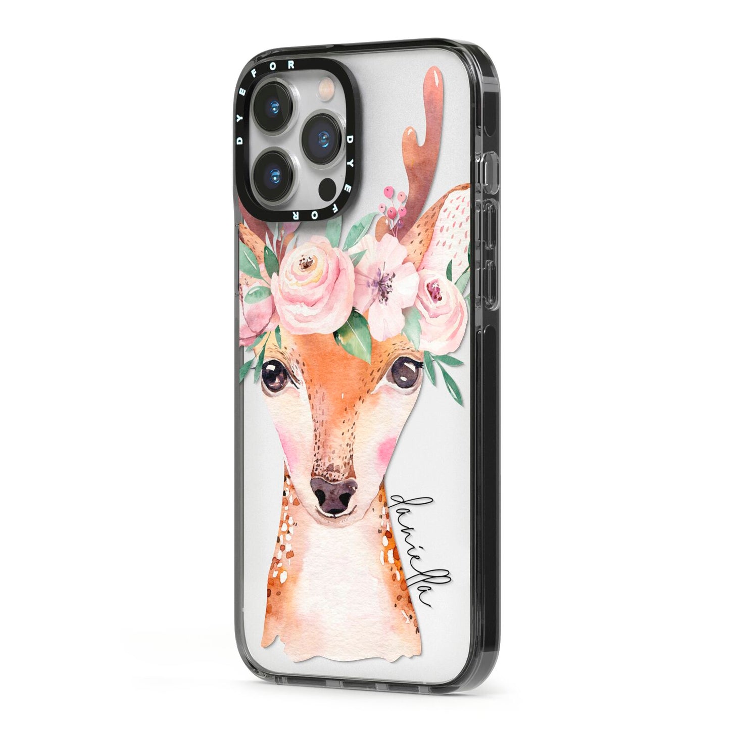 Personalised Deer iPhone 13 Pro Max Black Impact Case Side Angle on Silver phone