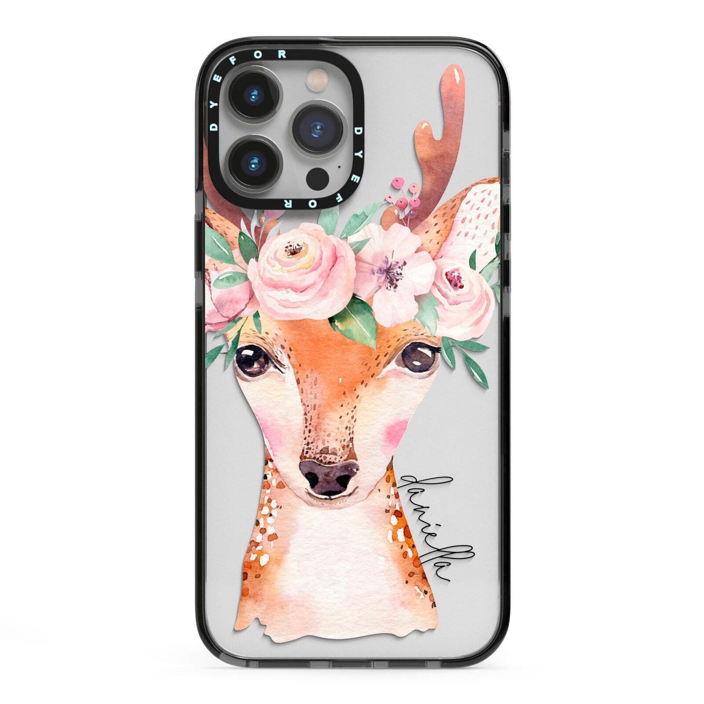 Personalised Deer iPhone 13 Pro Max Black Impact Case on Silver phone