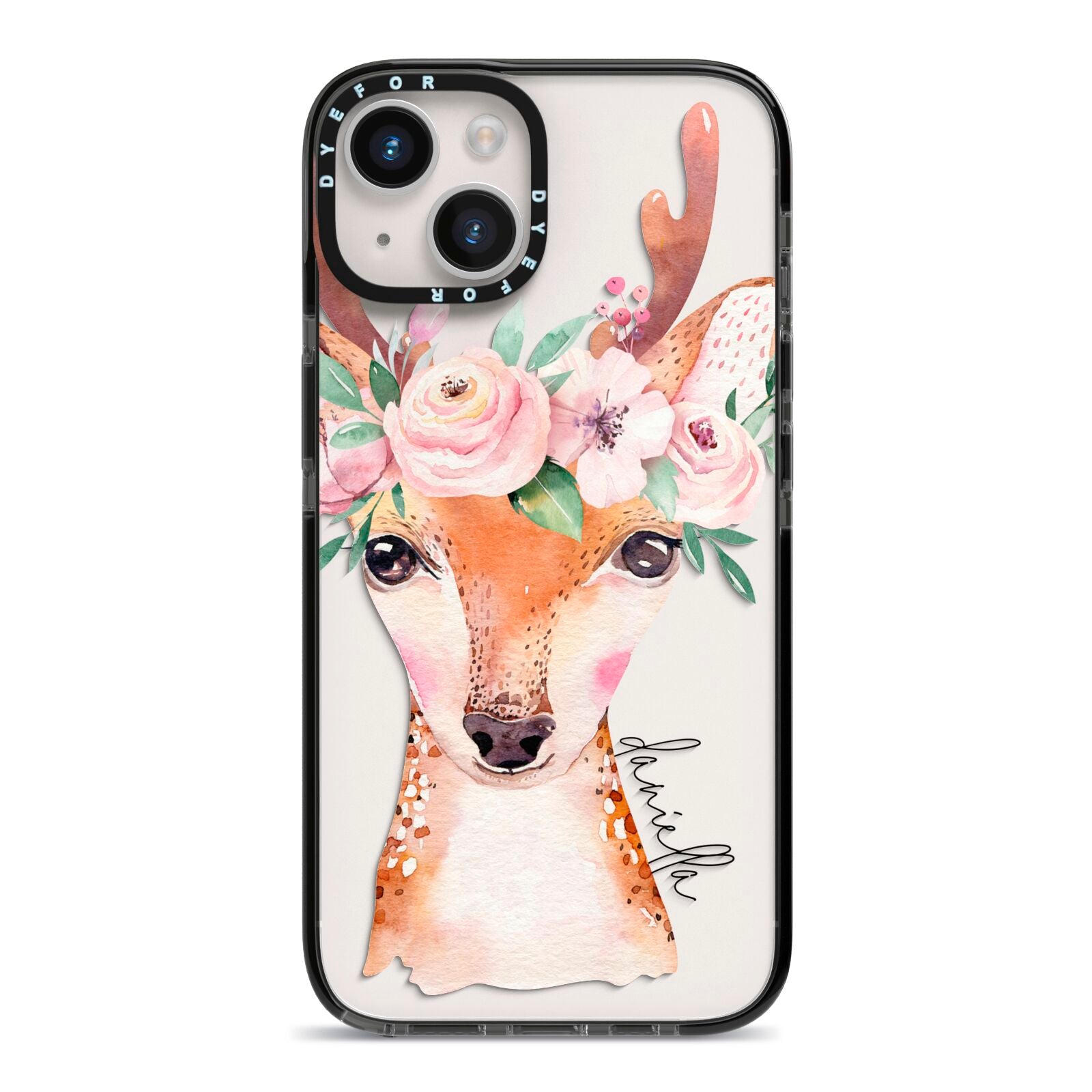 Personalised Deer iPhone 14 Black Impact Case on Silver phone