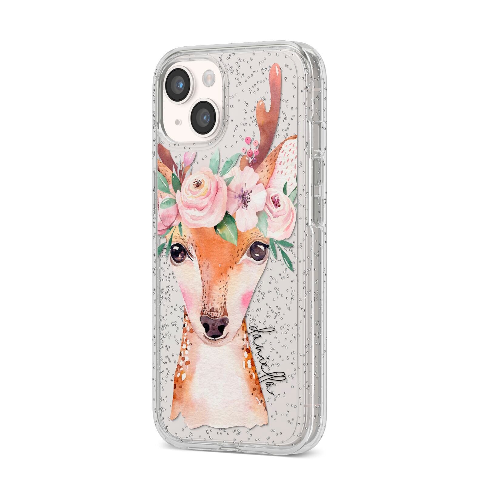 Personalised Deer iPhone 14 Glitter Tough Case Starlight Angled Image