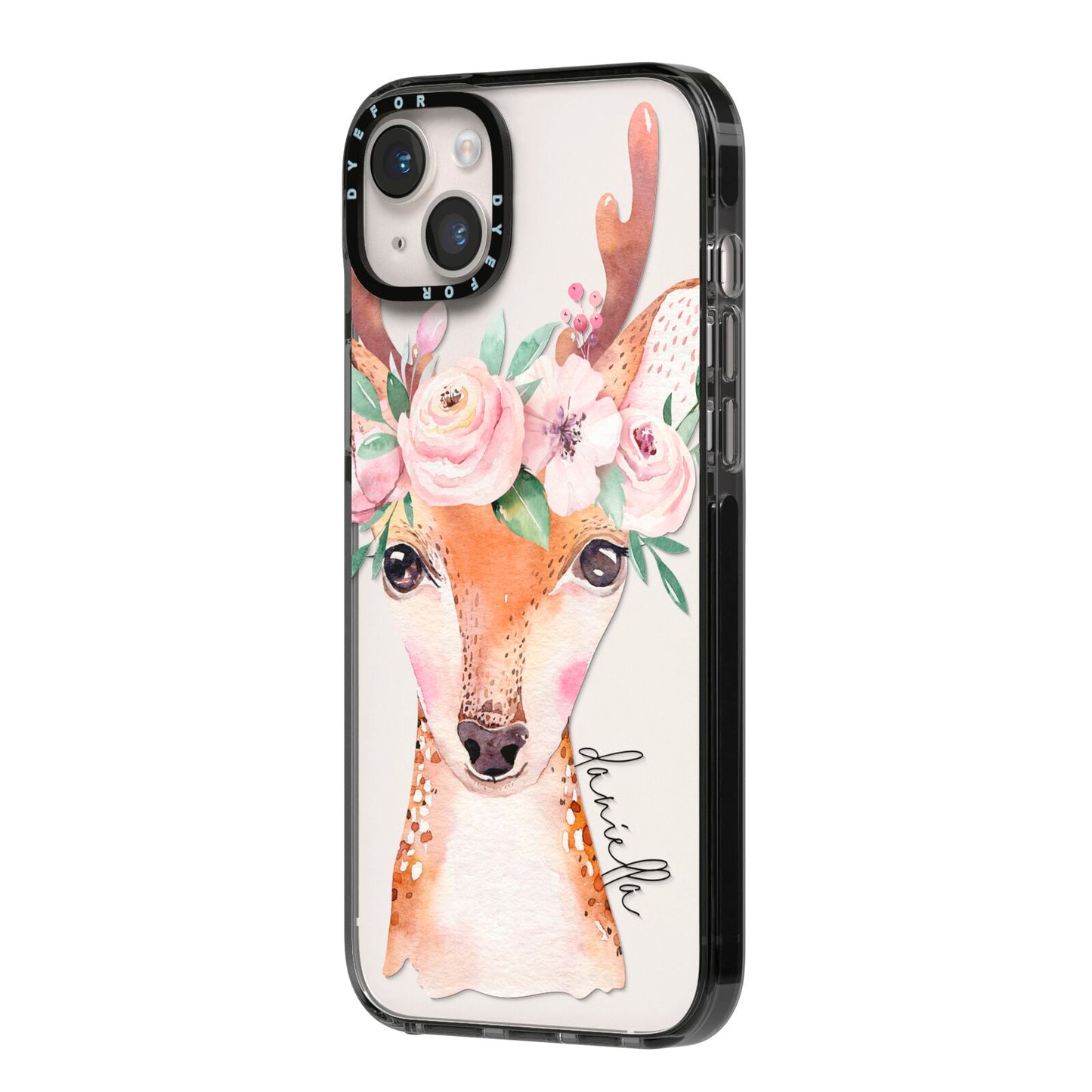 Personalised Deer iPhone 14 Plus Black Impact Case Side Angle on Silver phone