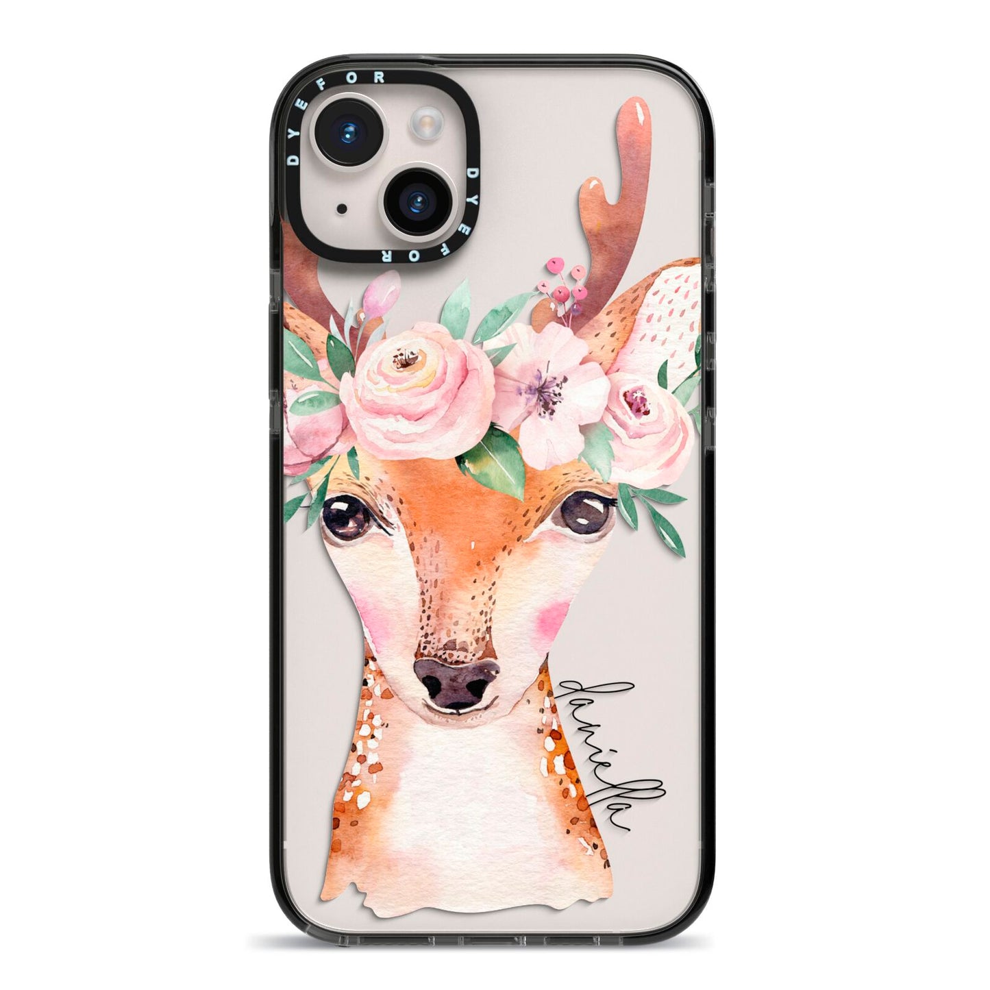 Personalised Deer iPhone 14 Plus Black Impact Case on Silver phone