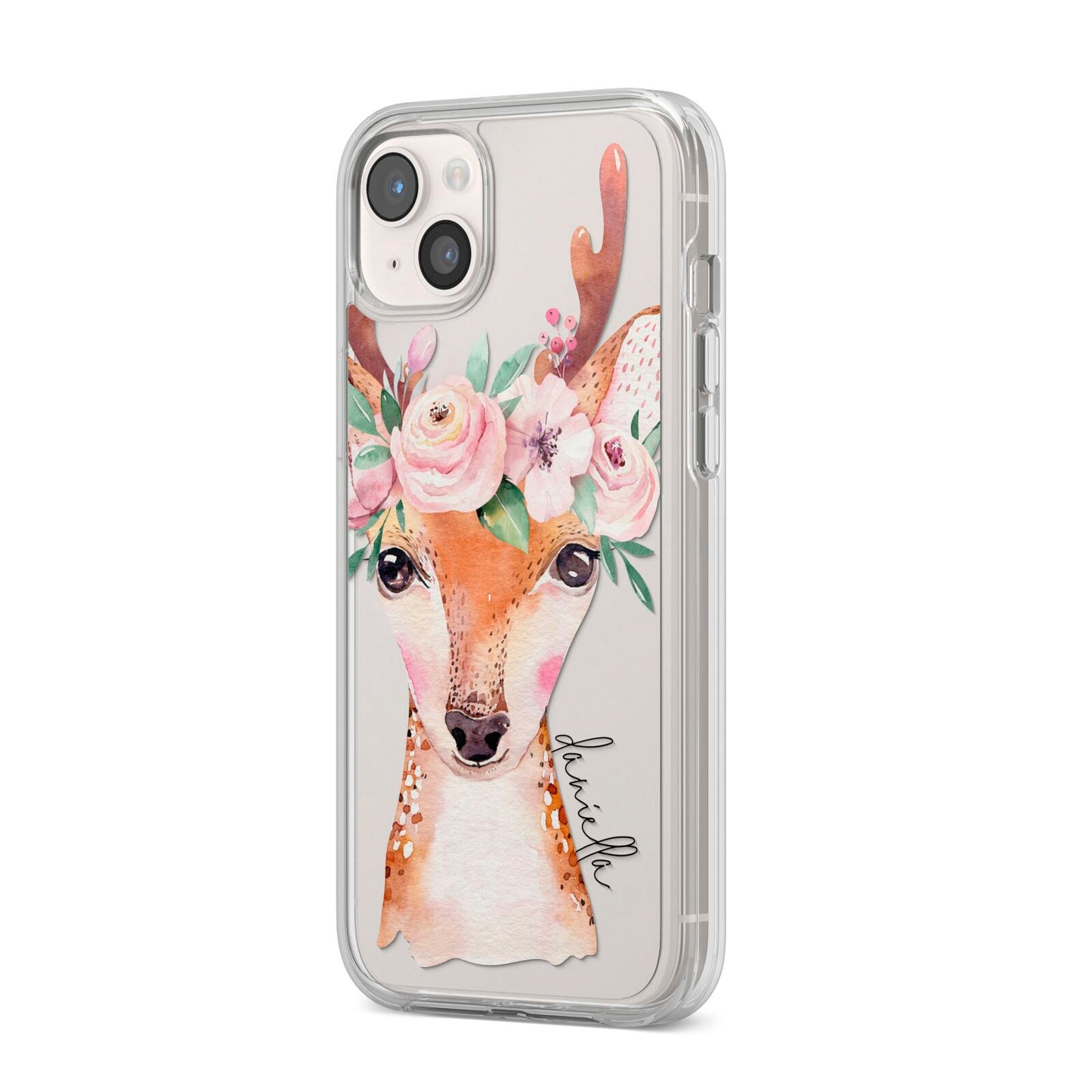 Personalised Deer iPhone 14 Plus Clear Tough Case Starlight Angled Image