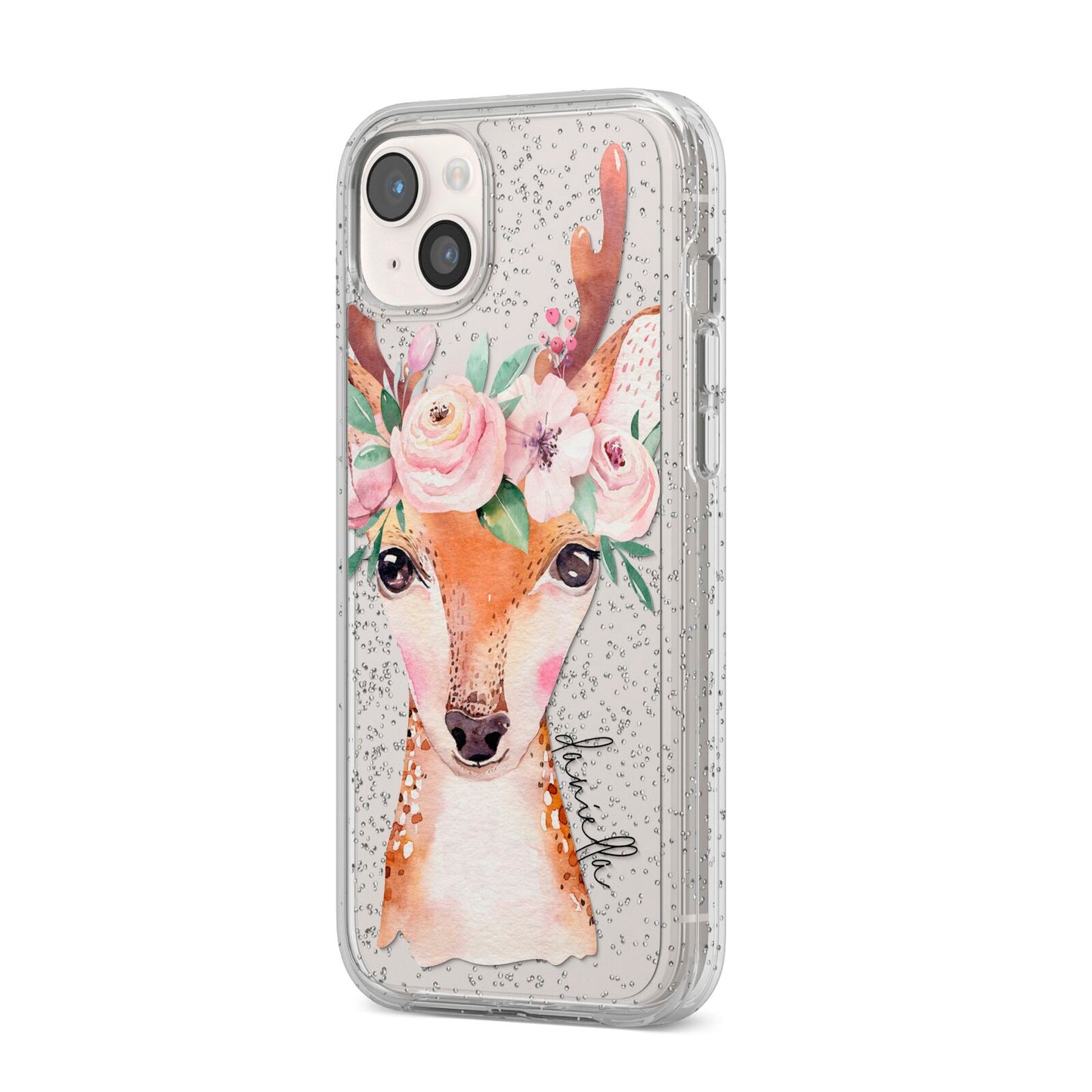 Personalised Deer iPhone 14 Plus Glitter Tough Case Starlight Angled Image