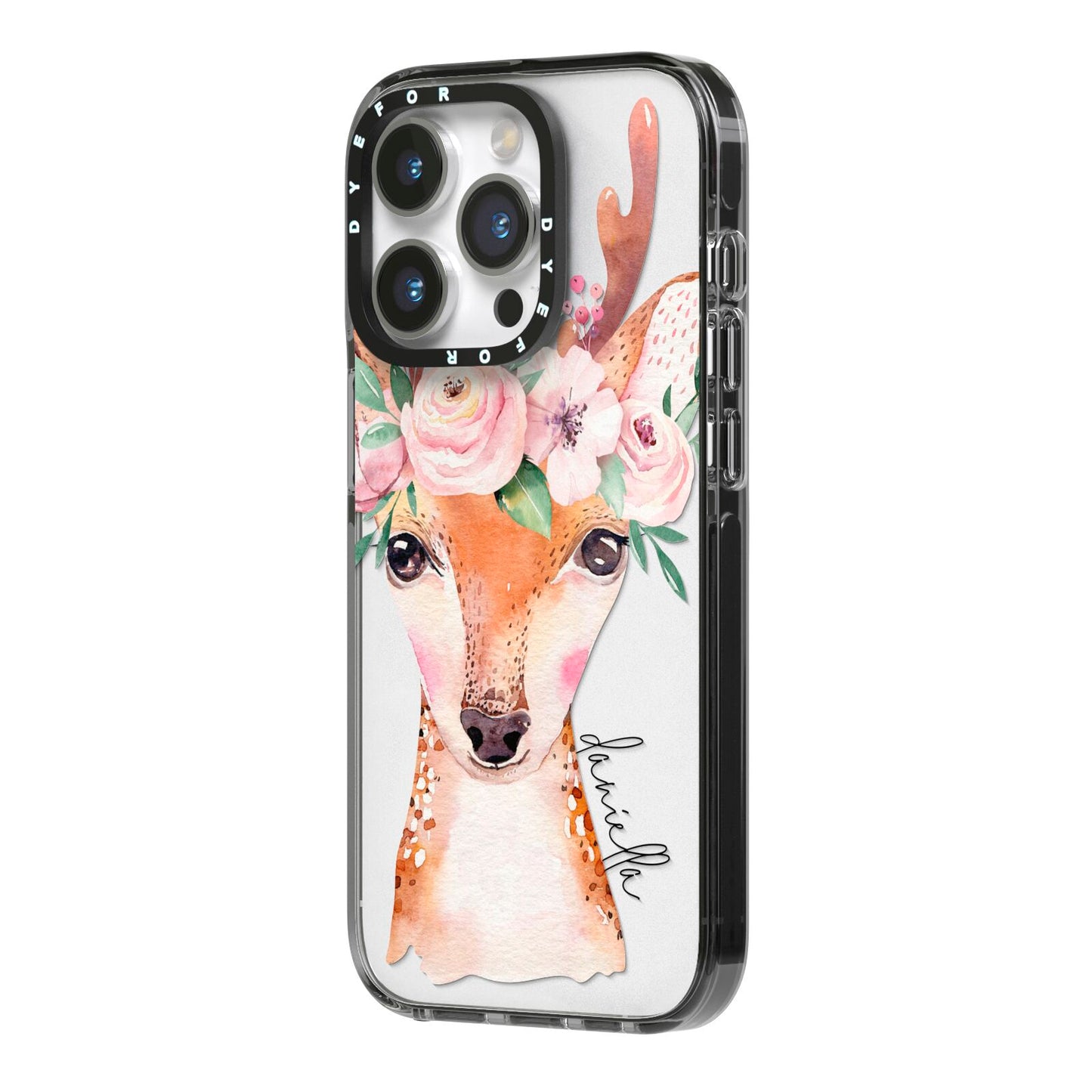 Personalised Deer iPhone 14 Pro Black Impact Case Side Angle on Silver phone