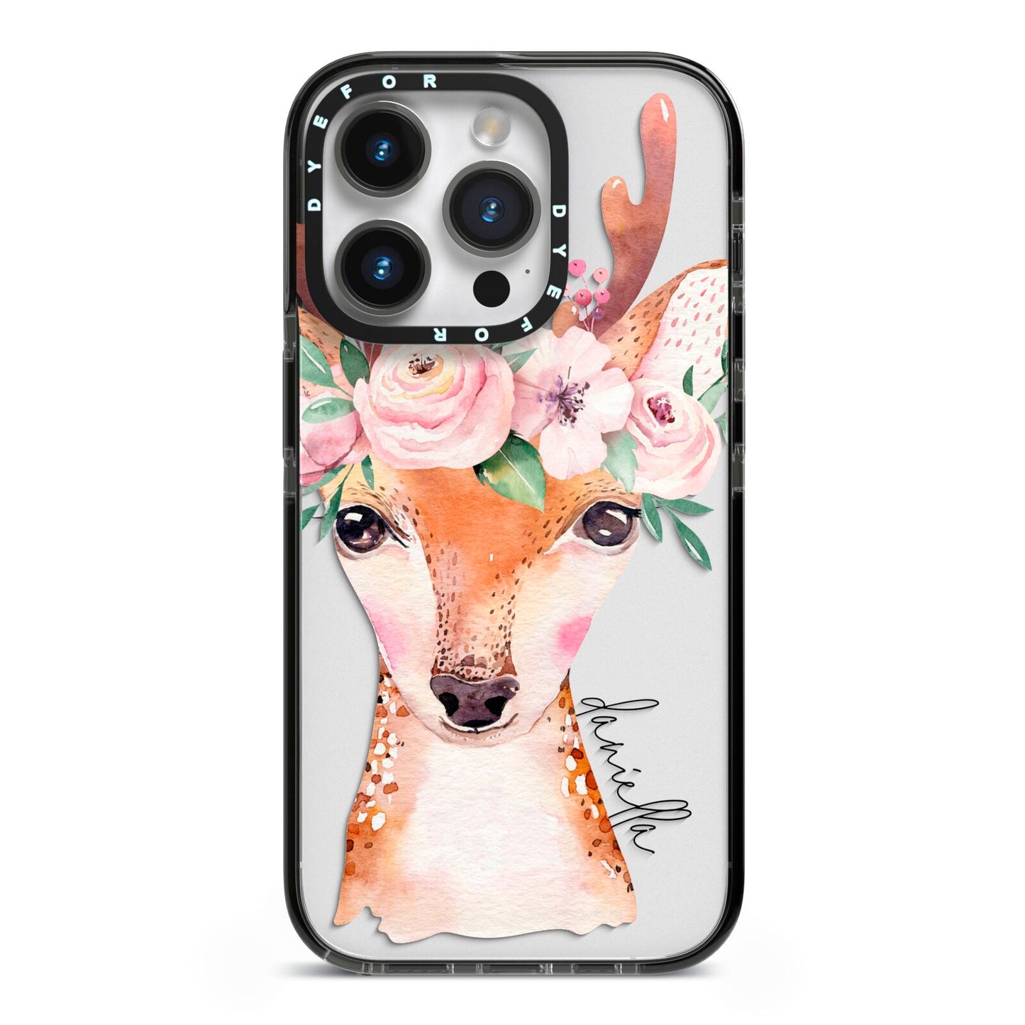 Personalised Deer iPhone 14 Pro Black Impact Case on Silver phone