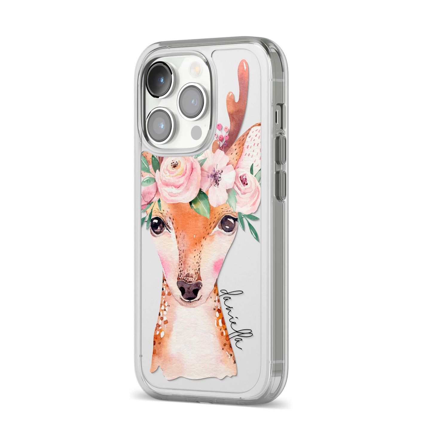 Personalised Deer iPhone 14 Pro Clear Tough Case Silver Angled Image