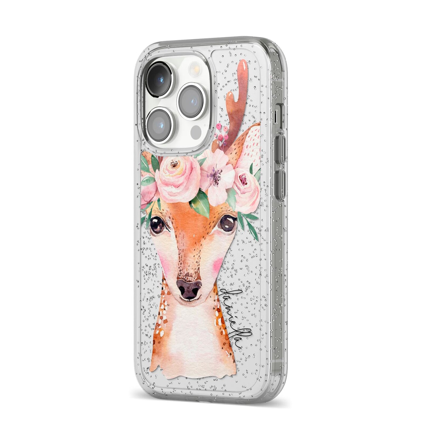 Personalised Deer iPhone 14 Pro Glitter Tough Case Silver Angled Image