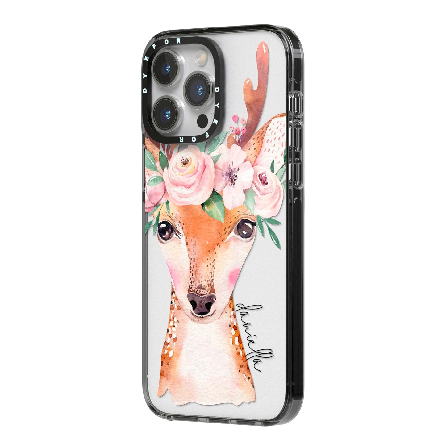 Personalised Deer iPhone 14 Pro Max Black Impact Case Side Angle on Silver phone