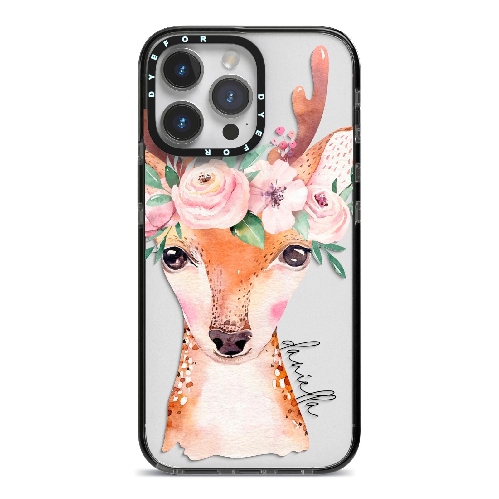 Personalised Deer iPhone 14 Pro Max Black Impact Case on Silver phone