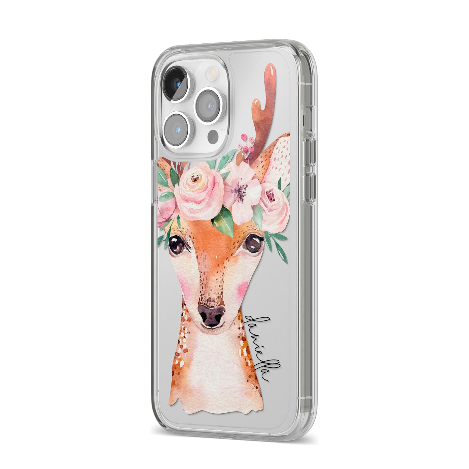 Personalised Deer iPhone 14 Pro Max Clear Tough Case Silver Angled Image