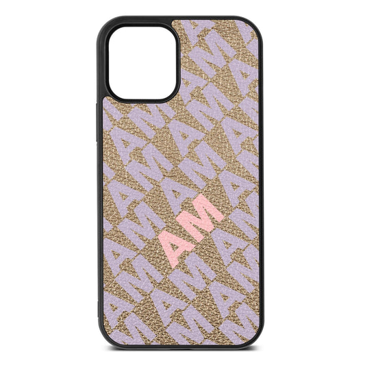 Personalised Diagonal Bold Initials Gold Pebble Leather iPhone 12 Case