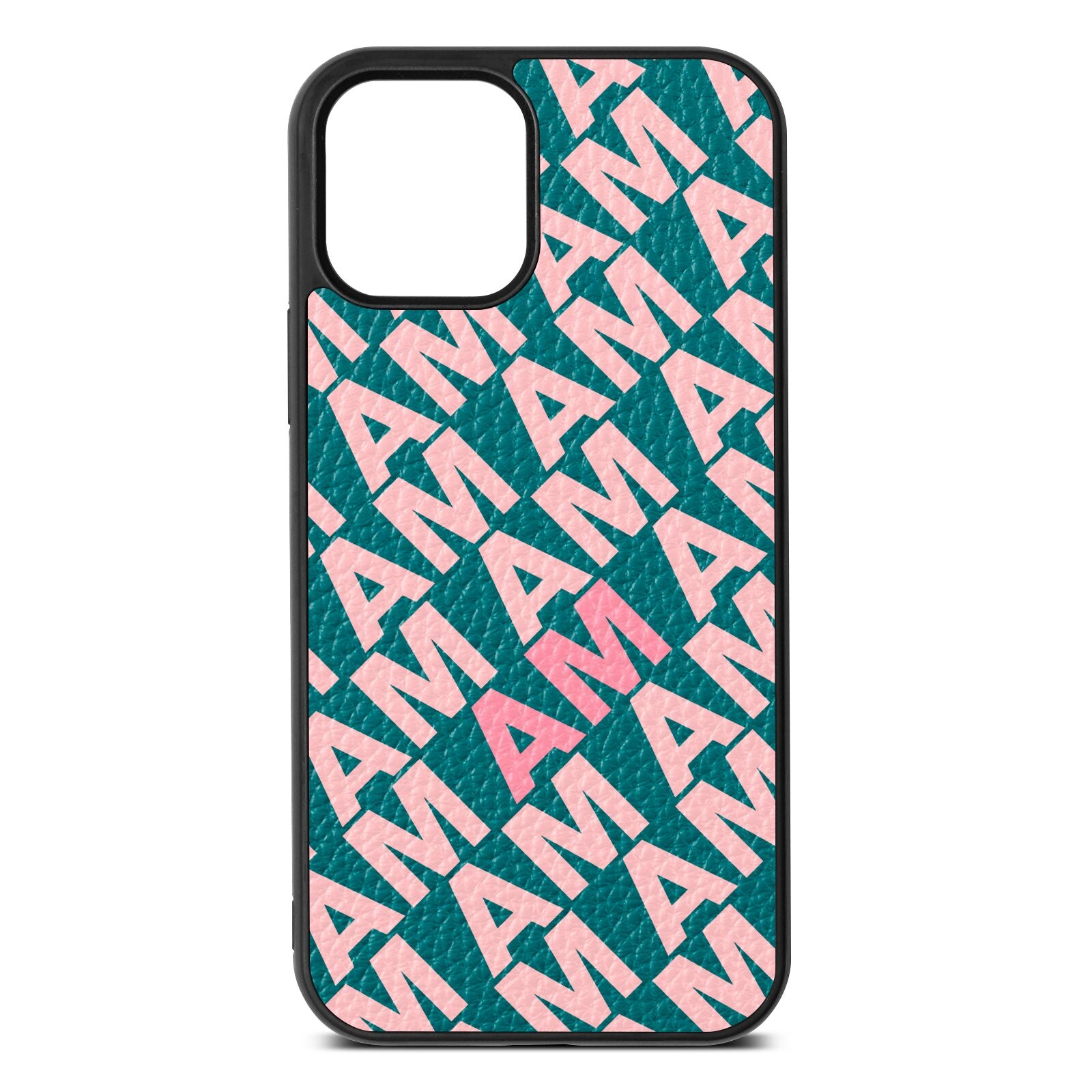 Personalised Diagonal Bold Initials Green Pebble Leather iPhone 12 Case