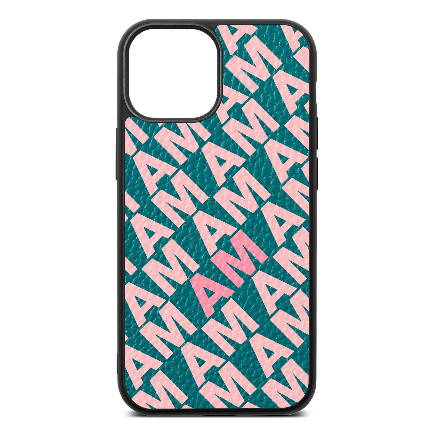 Personalised Diagonal Bold Initials Green Pebble Leather iPhone 13 Mini Case