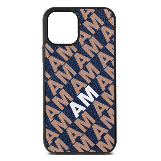 Personalised Diagonal Bold Initials Navy Blue Pebble Leather iPhone 12 Case