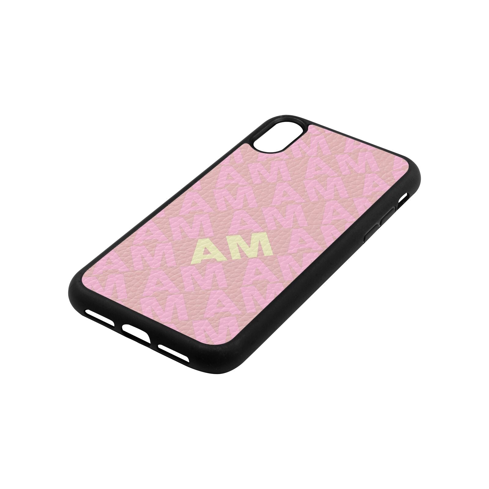 Personalised Diagonal Bold Initials Pink Pebble Leather iPhone Xr Case Side Angle