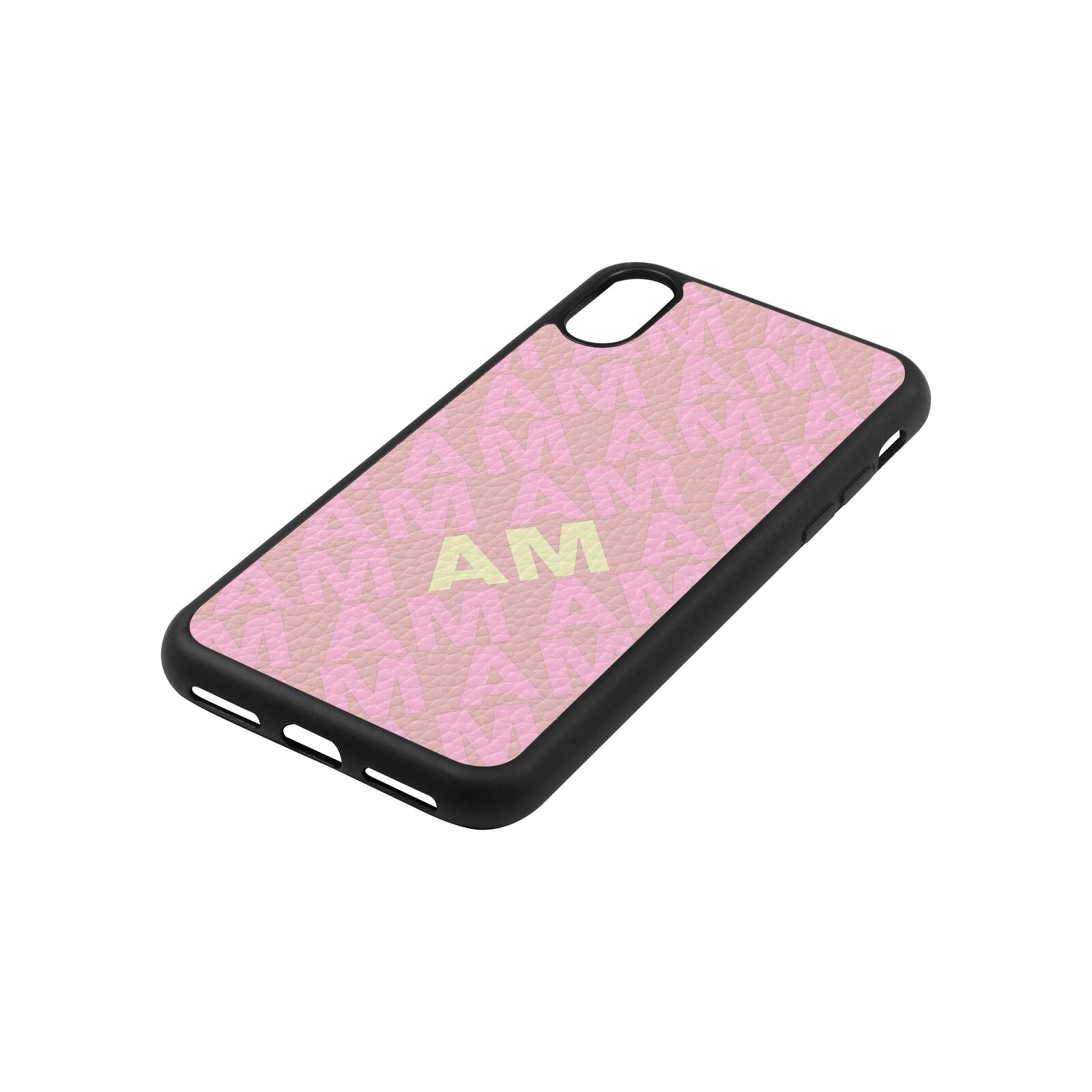 Personalised Diagonal Bold Initials Pink Pebble Leather iPhone Xs Case Side Angle