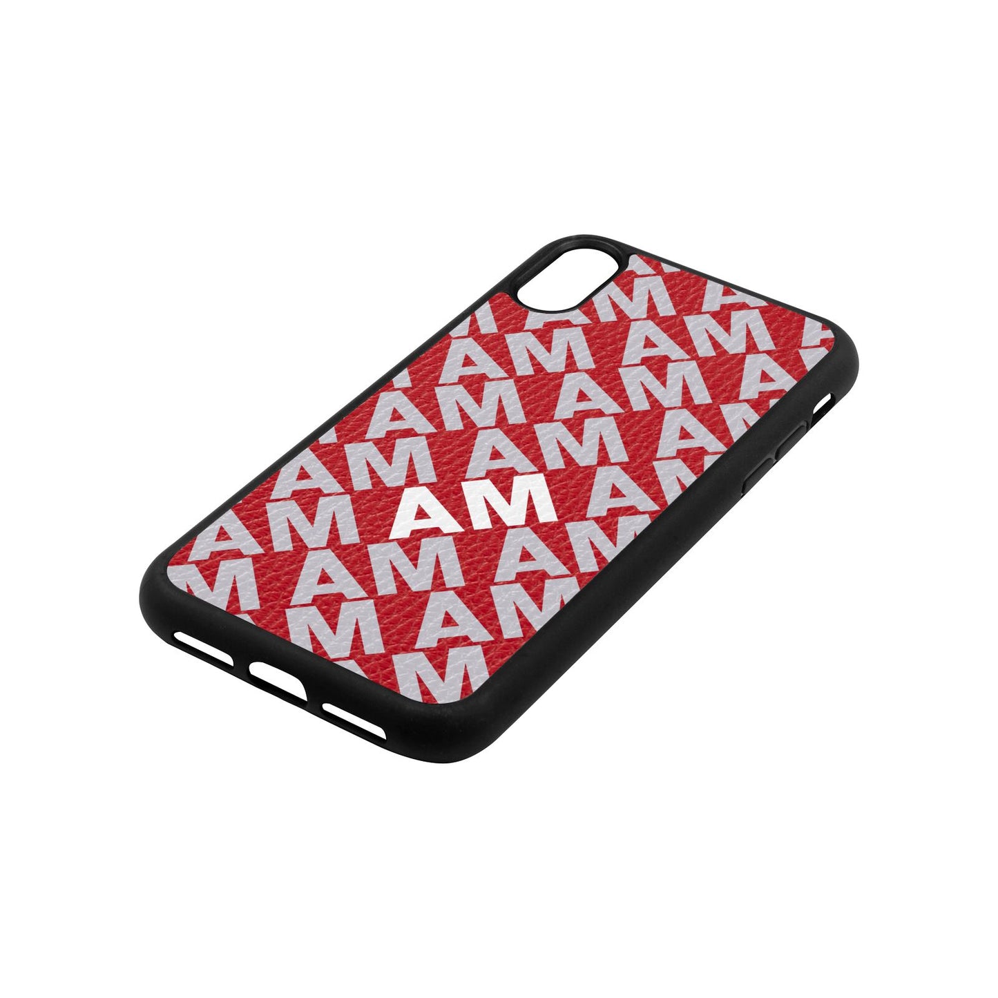 Personalised Diagonal Bold Initials Red Pebble Leather iPhone Xr Case Side Angle