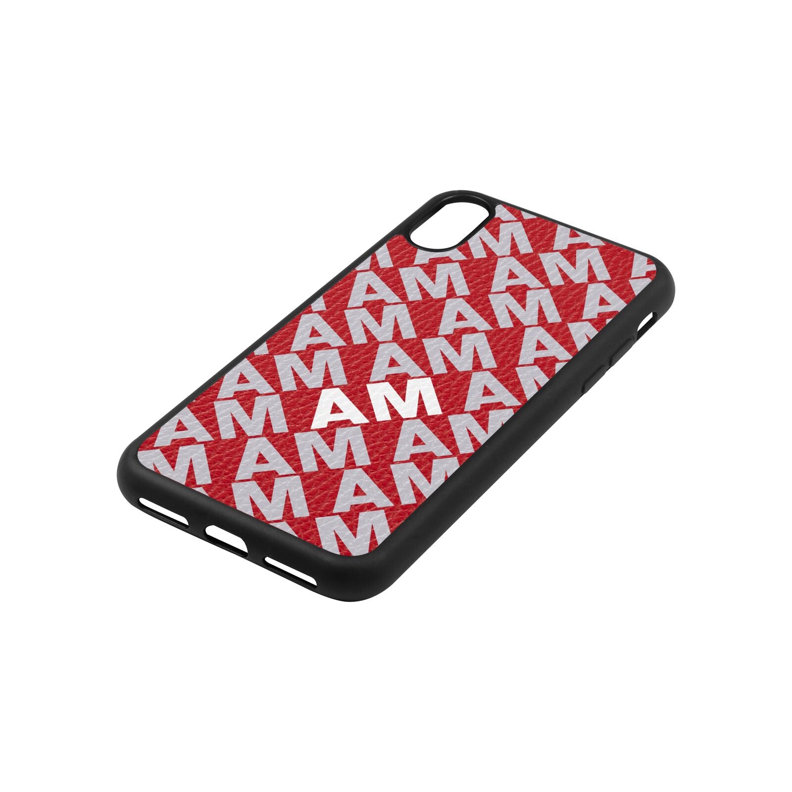 Personalised Diagonal Bold Initials Red Pebble Leather iPhone Xs Case Side Angle