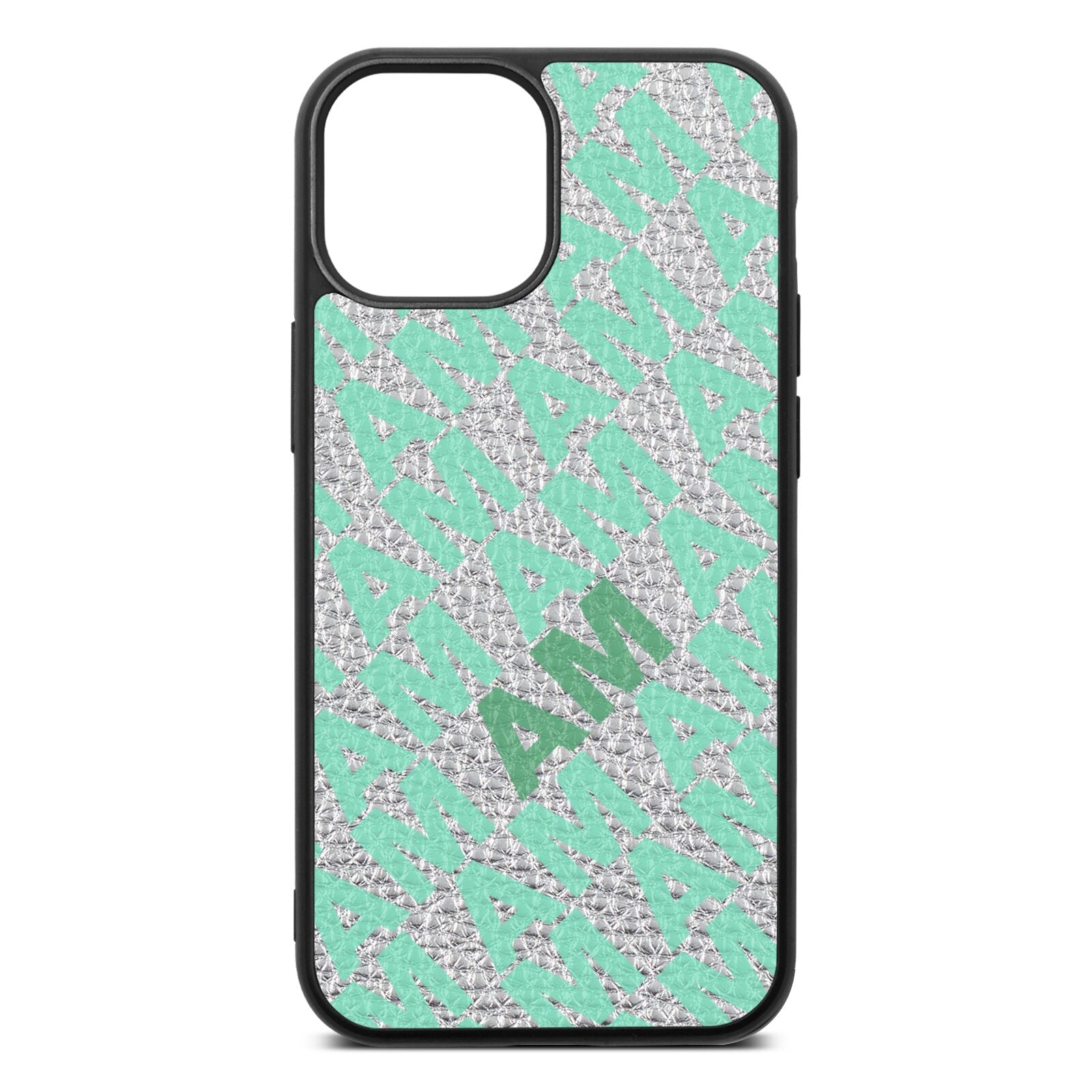 Personalised Diagonal Bold Initials Silver Pebble Leather iPhone 13 Mini Case