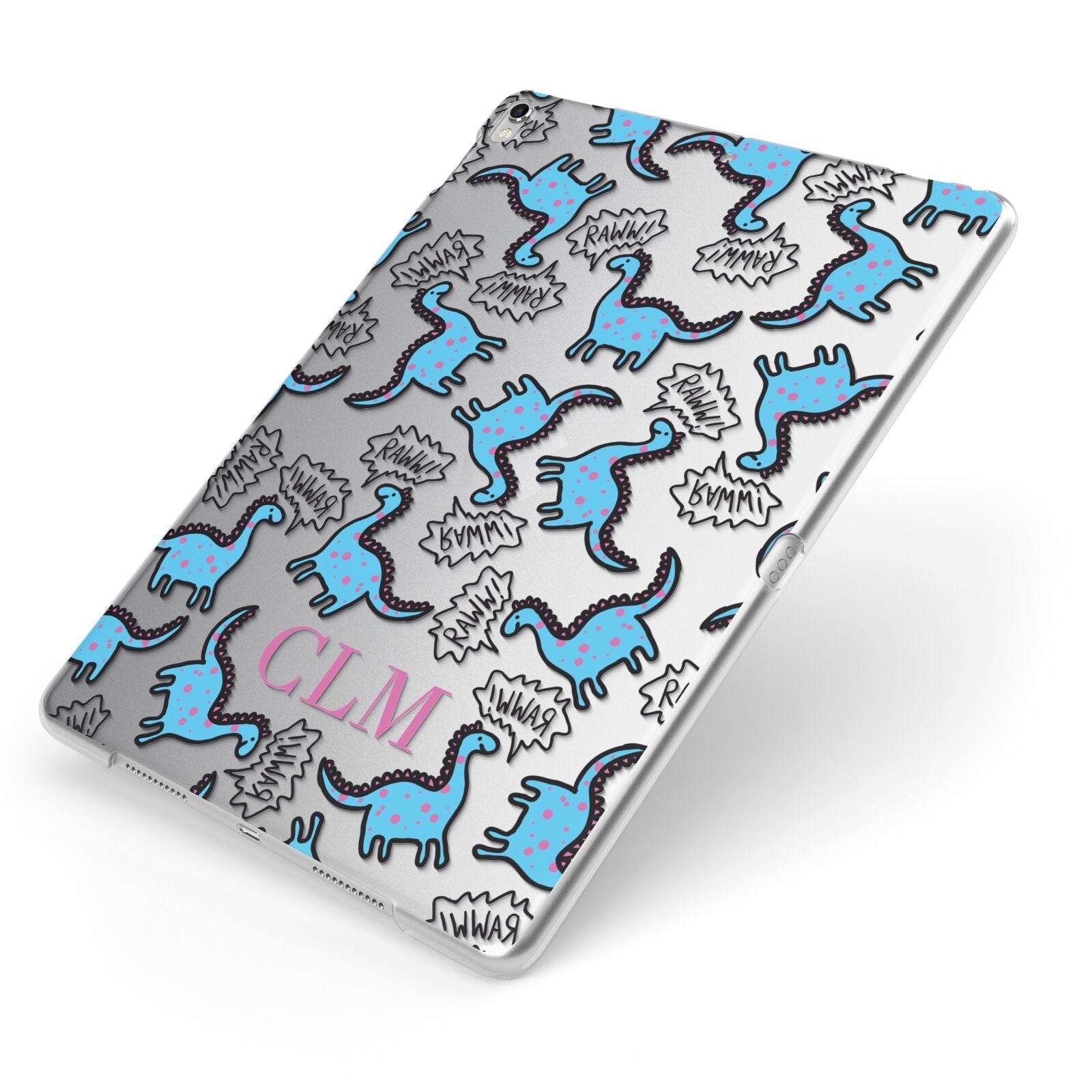 Personalised Dino Initials Clear Apple iPad Case on Silver iPad Side View