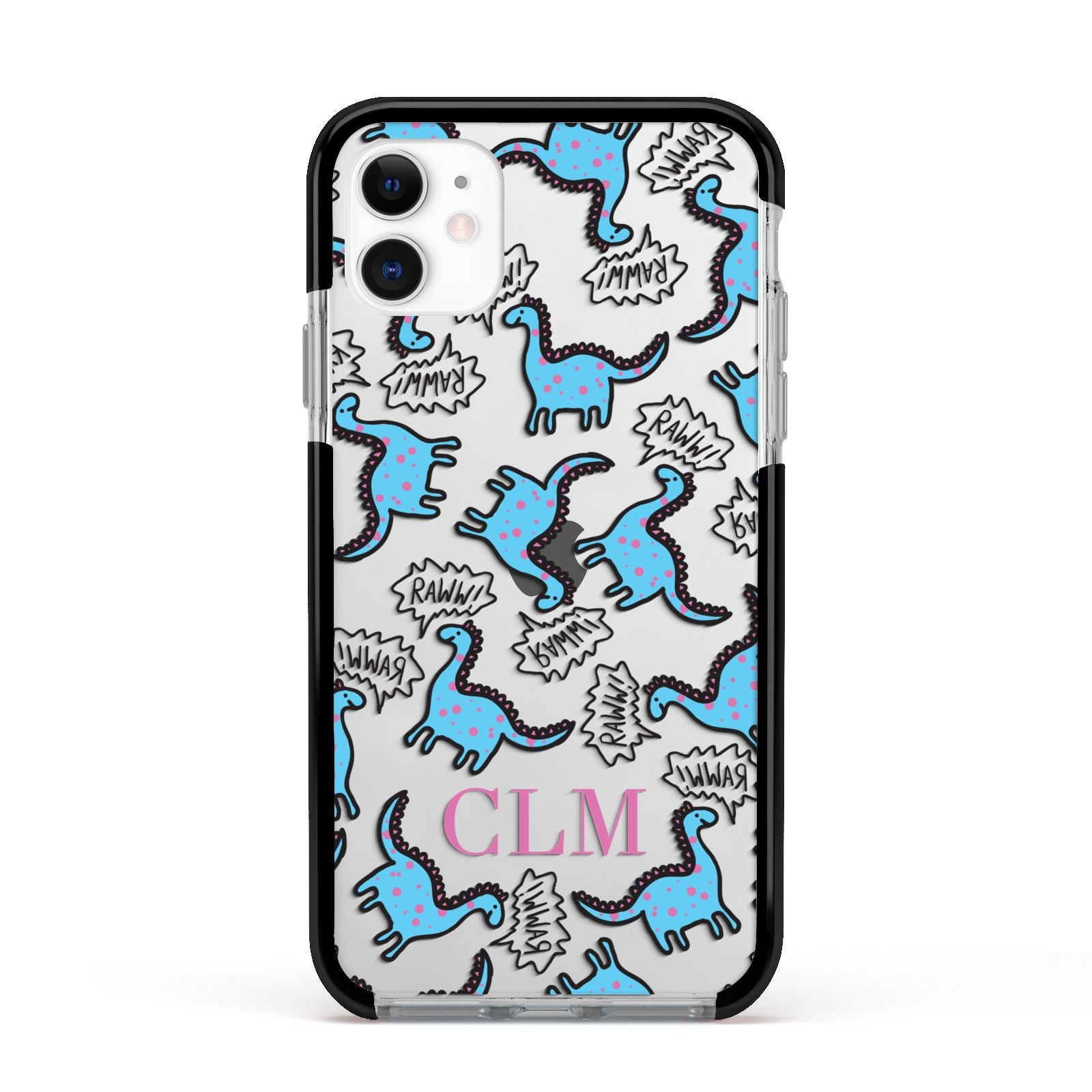 Personalised Dino Initials Clear Apple iPhone 11 in White with Black Impact Case