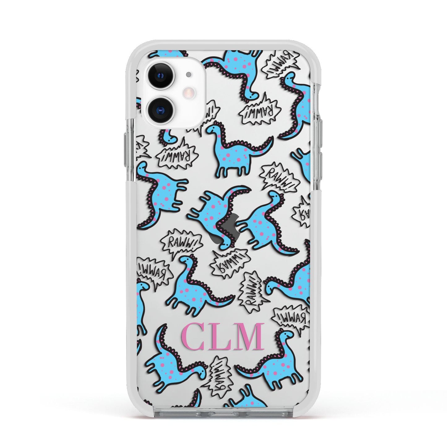 Personalised Dino Initials Clear Apple iPhone 11 in White with White Impact Case