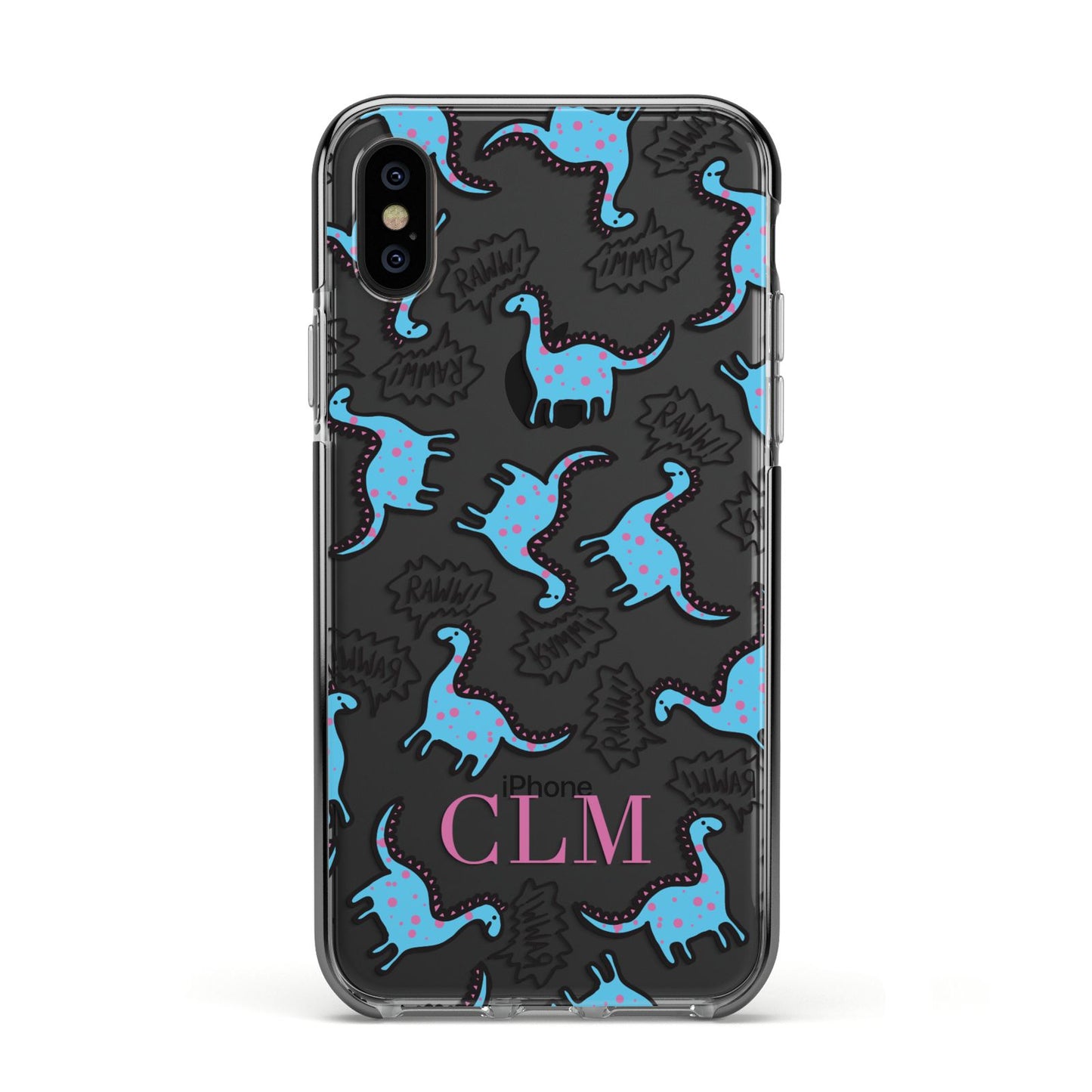 Personalised Dino Initials Clear Apple iPhone Xs Impact Case Black Edge on Black Phone