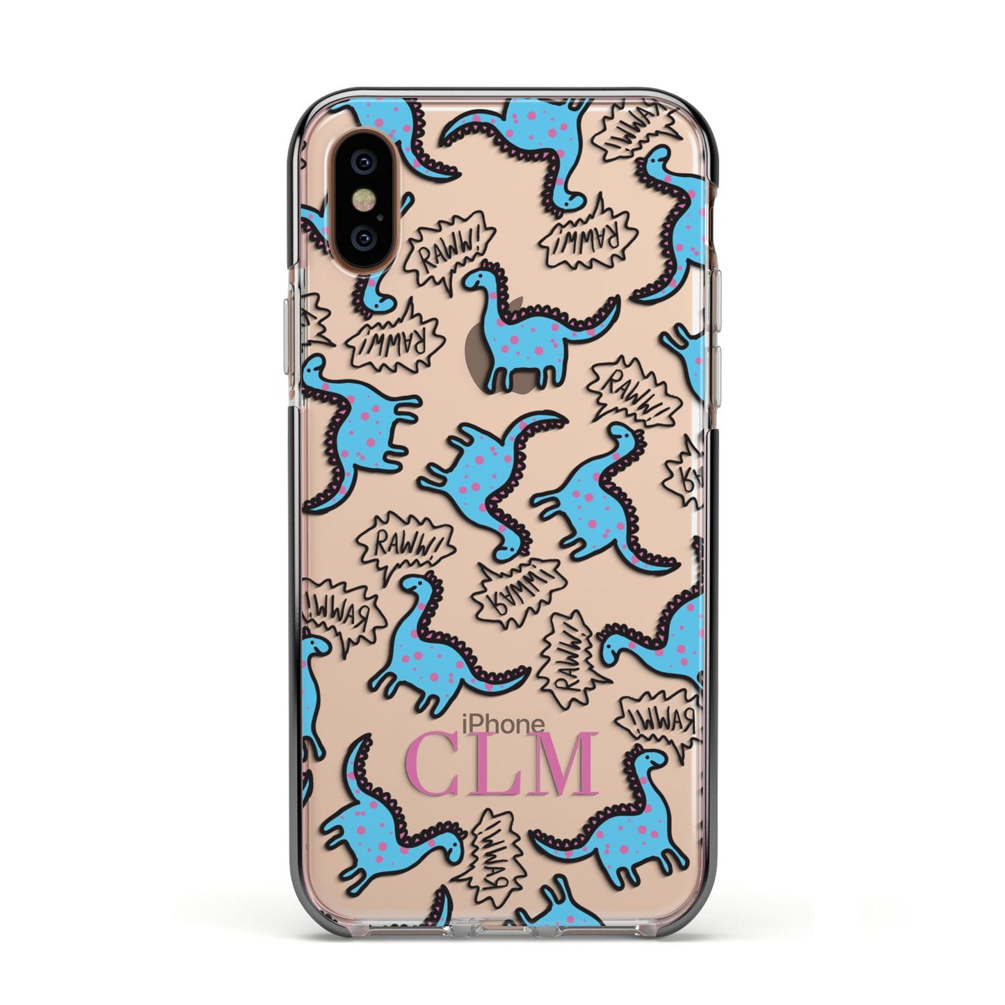 Personalised Dino Initials Clear Apple iPhone Xs Impact Case Black Edge on Gold Phone