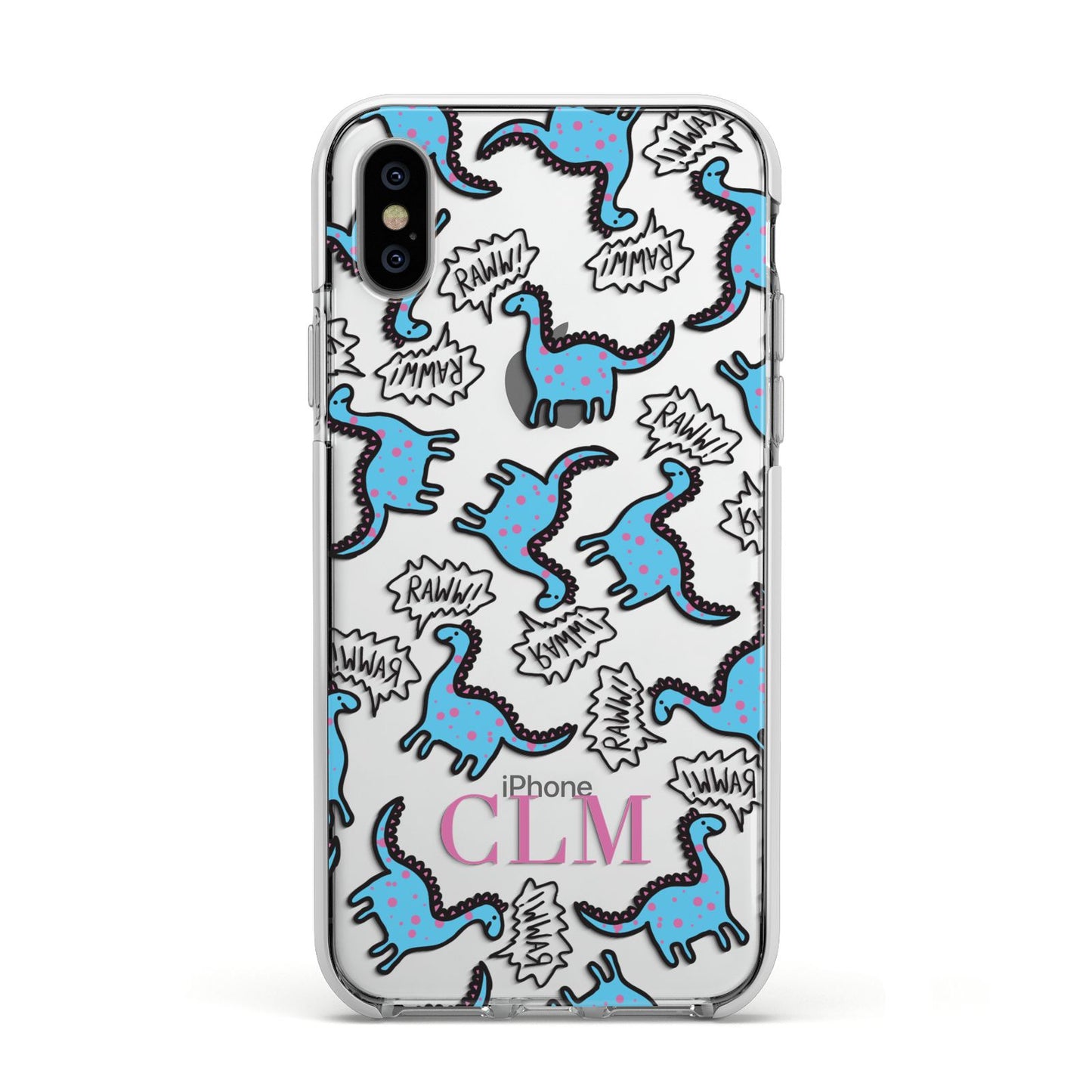 Personalised Dino Initials Clear Apple iPhone Xs Impact Case White Edge on Silver Phone