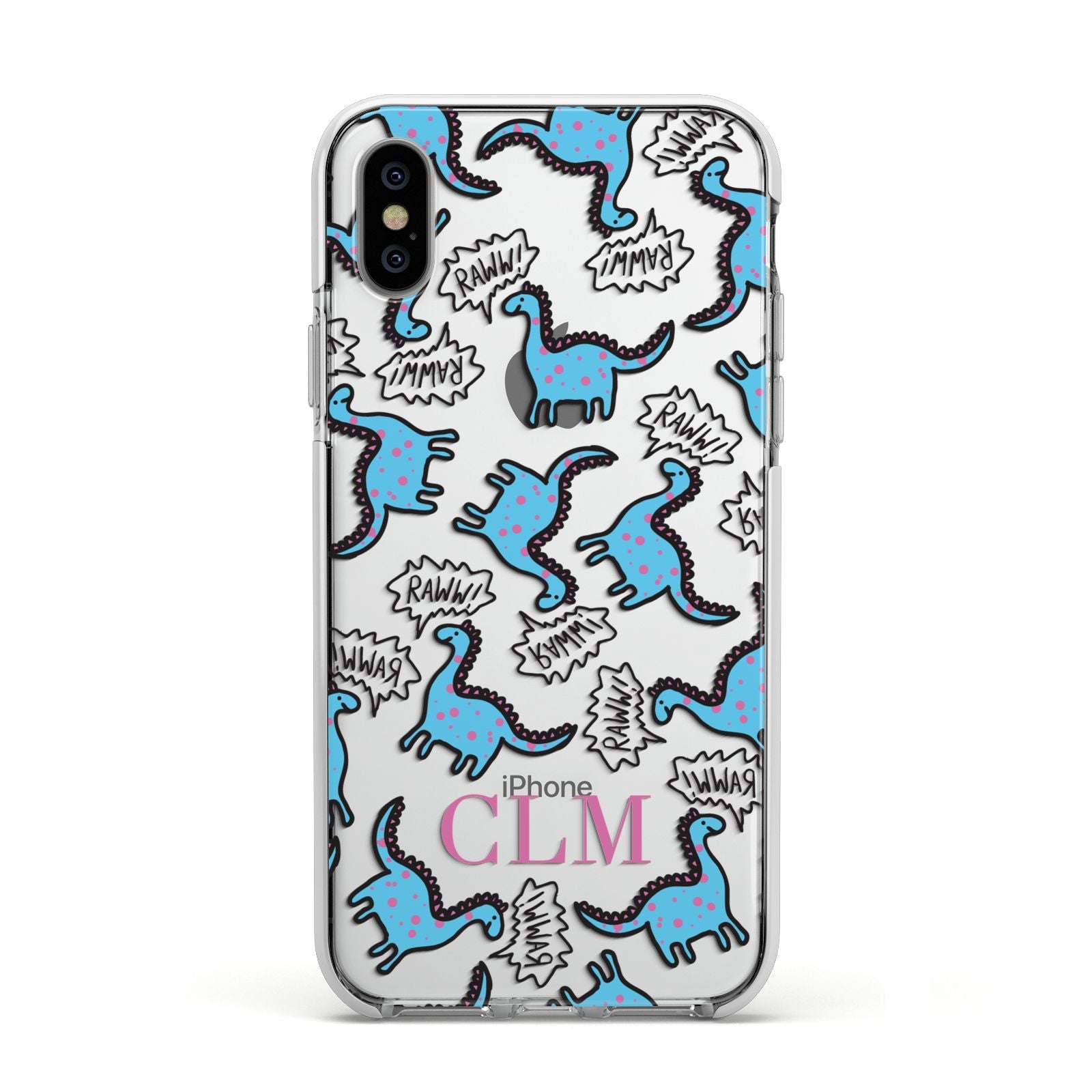 Personalised Dino Initials Clear Apple iPhone Xs Impact Case White Edge on Silver Phone