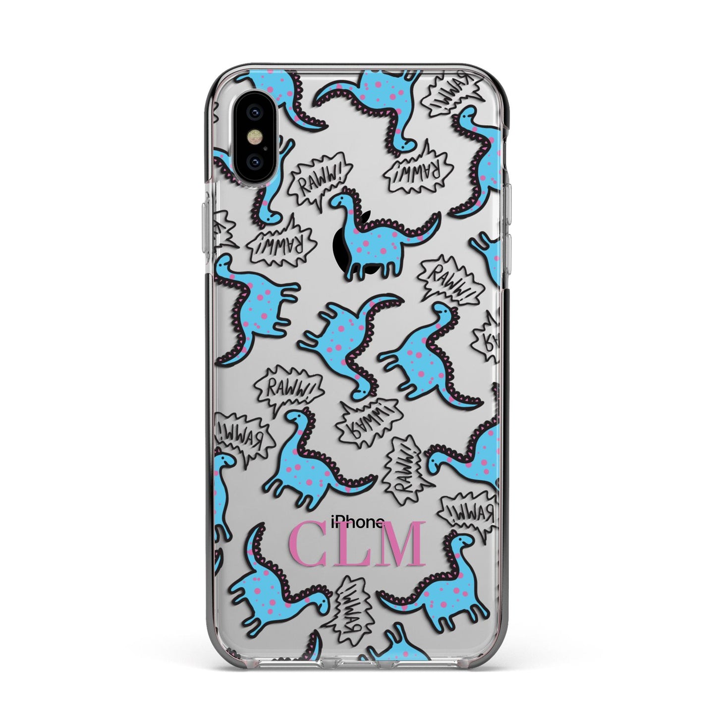 Personalised Dino Initials Clear Apple iPhone Xs Max Impact Case Black Edge on Silver Phone