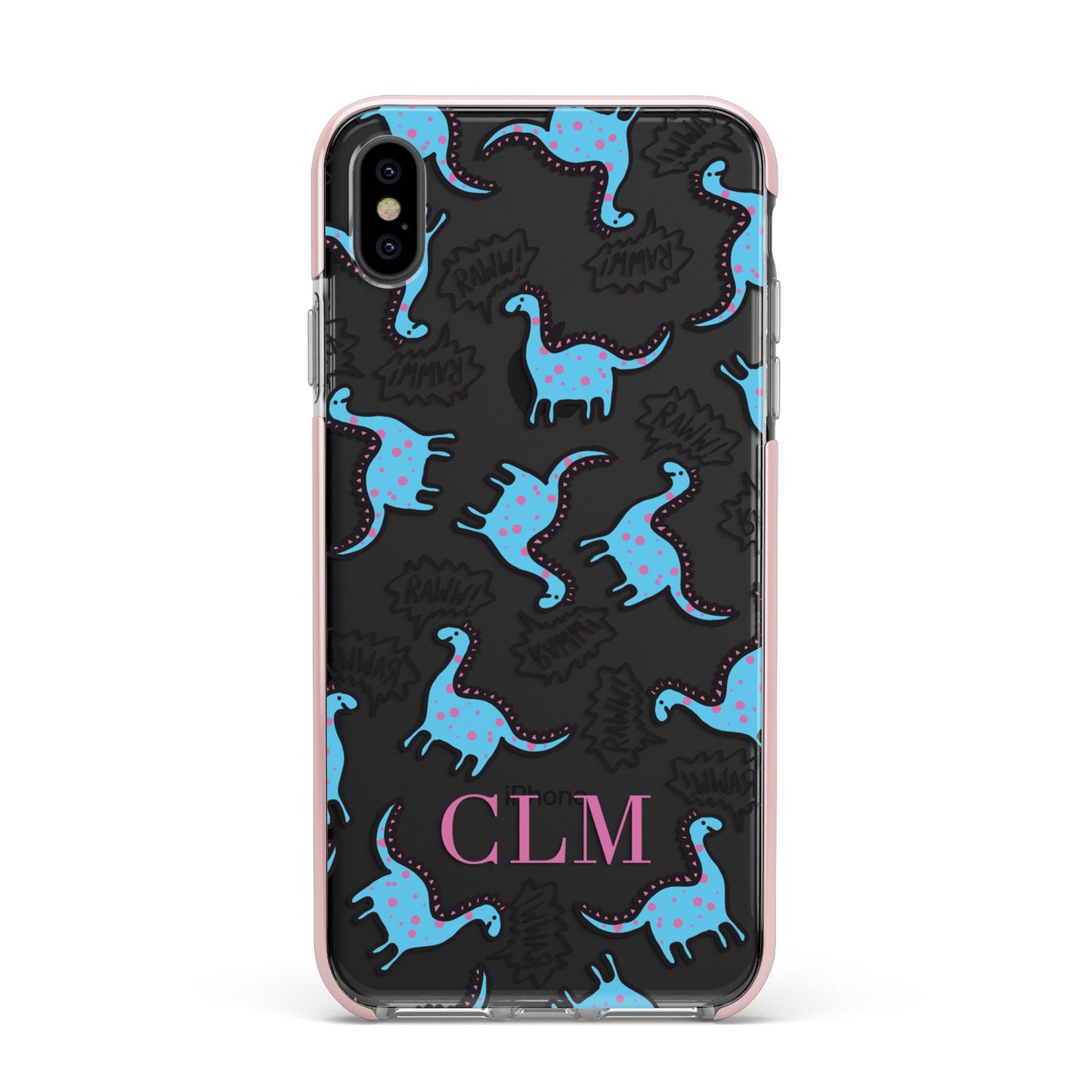 Personalised Dino Initials Clear Apple iPhone Xs Max Impact Case Pink Edge on Black Phone