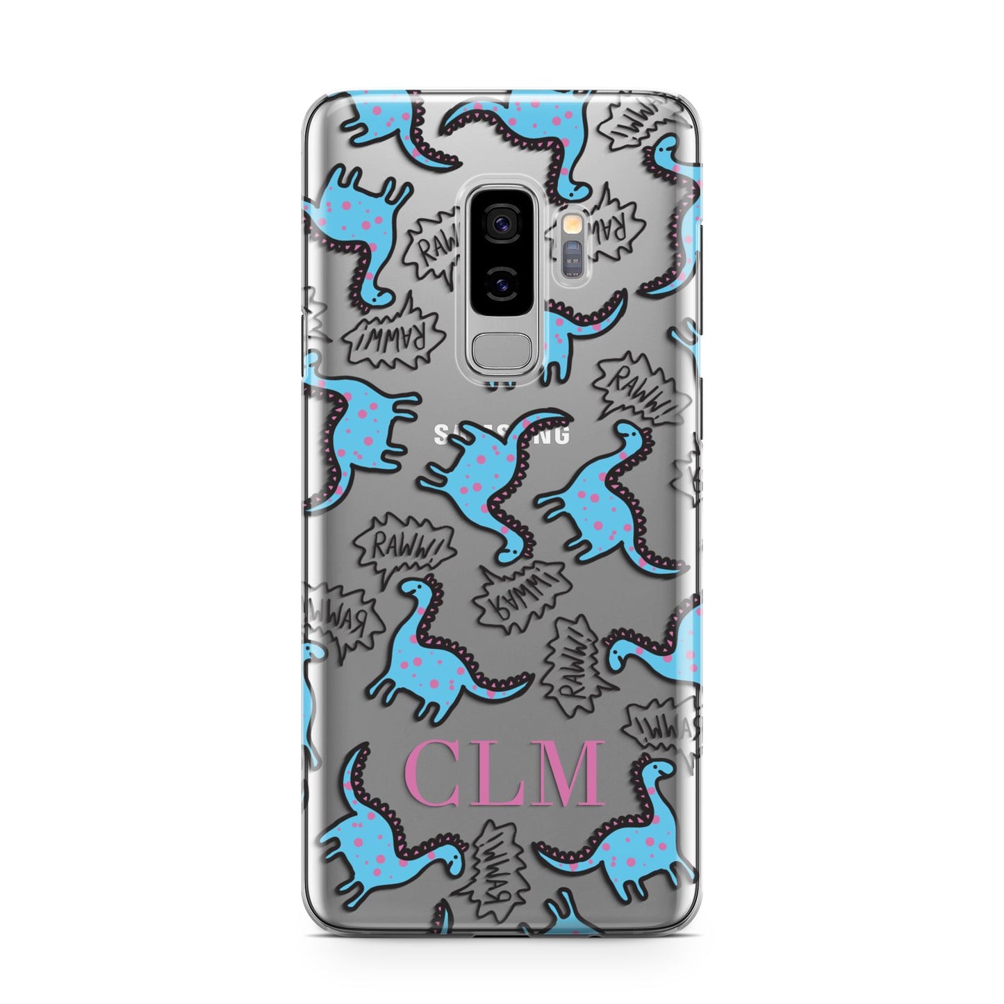 Personalised Dino Initials Clear Samsung Galaxy S9 Plus Case on Silver phone