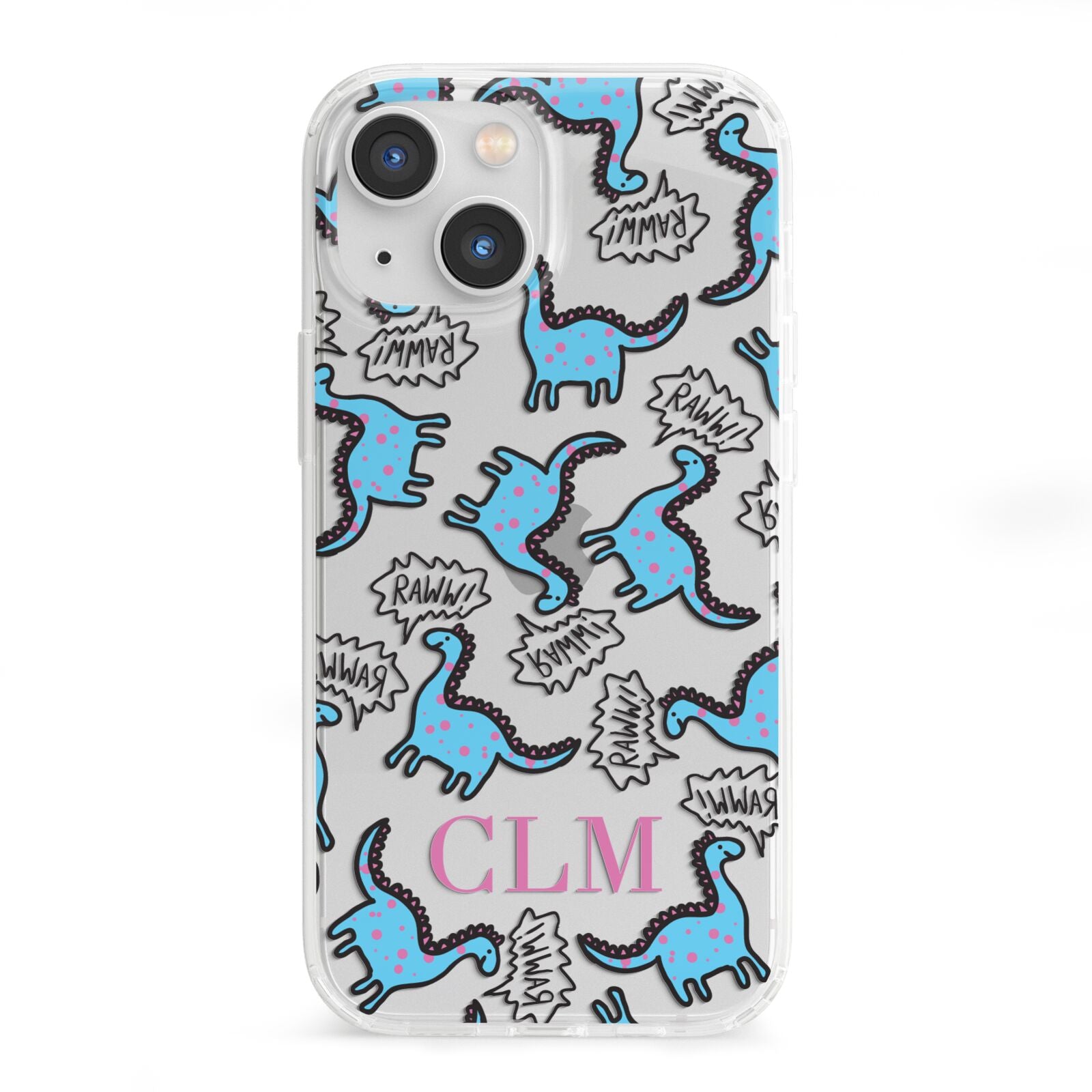 Personalised Dino Initials Clear iPhone 13 Mini Clear Bumper Case