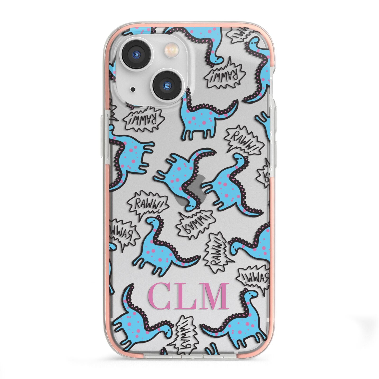 Personalised Dino Initials Clear iPhone 13 Mini TPU Impact Case with Pink Edges