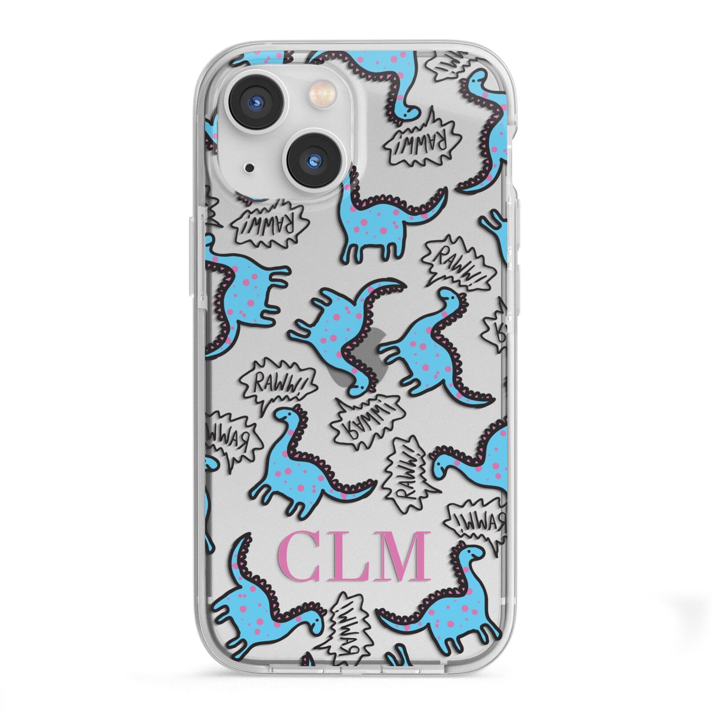 Personalised Dino Initials Clear iPhone 13 Mini TPU Impact Case with White Edges