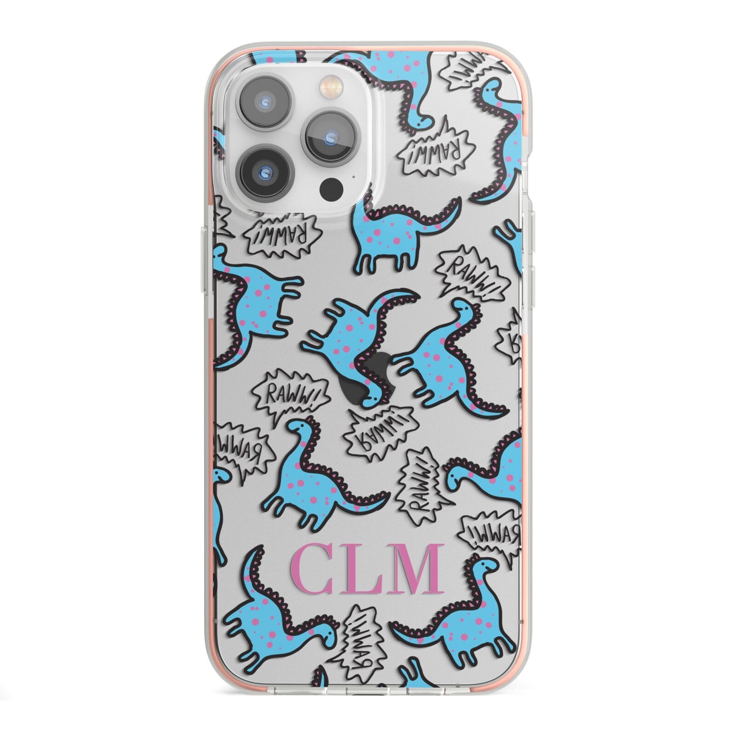 Personalised Dino Initials Clear iPhone 13 Pro Max TPU Impact Case with Pink Edges