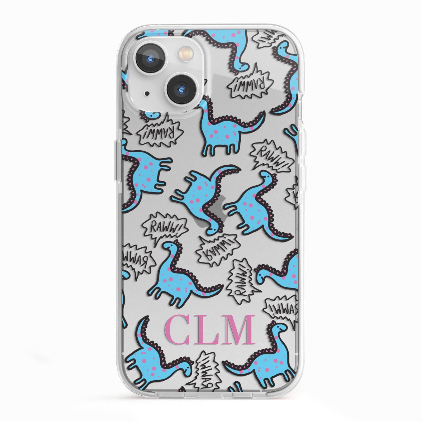 Personalised Dino Initials Clear iPhone 13 TPU Impact Case with White Edges